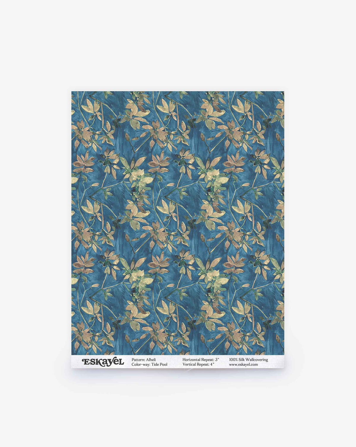 Alhelí Silk Sample in Tide Pool, featuring a blue fabric swatch with a botanical pattern of green, gold, and brown leaves; click to order sample.