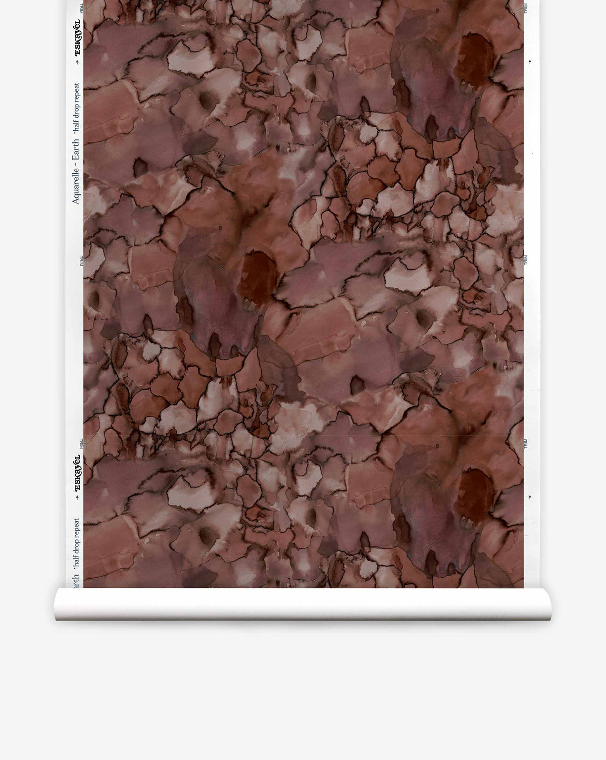 A roll of Aquarelle Silk Wallcovering—Earth featuring an abstract, earthy brown watercolor pattern with a cracked, stone-like texture.