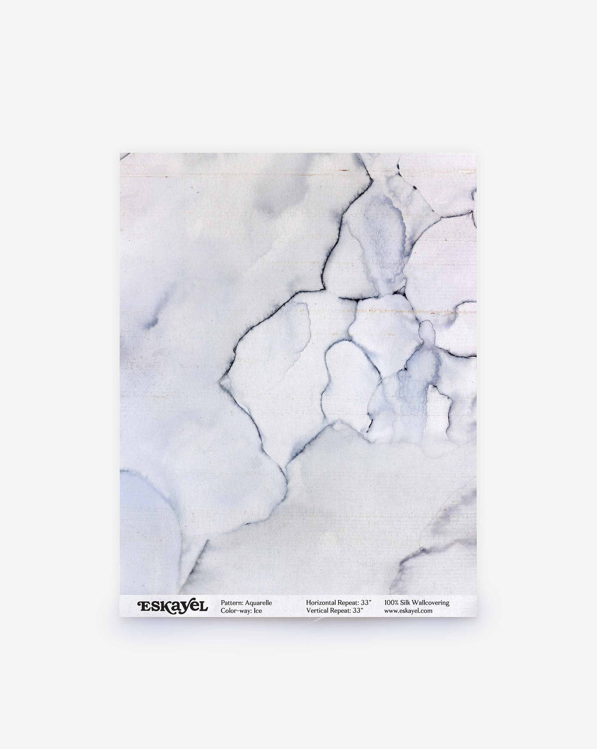 A rectangular Aquarelle Silk Sample in Ice featuring a blue and white watercolor-style marble pattern with dark veining.