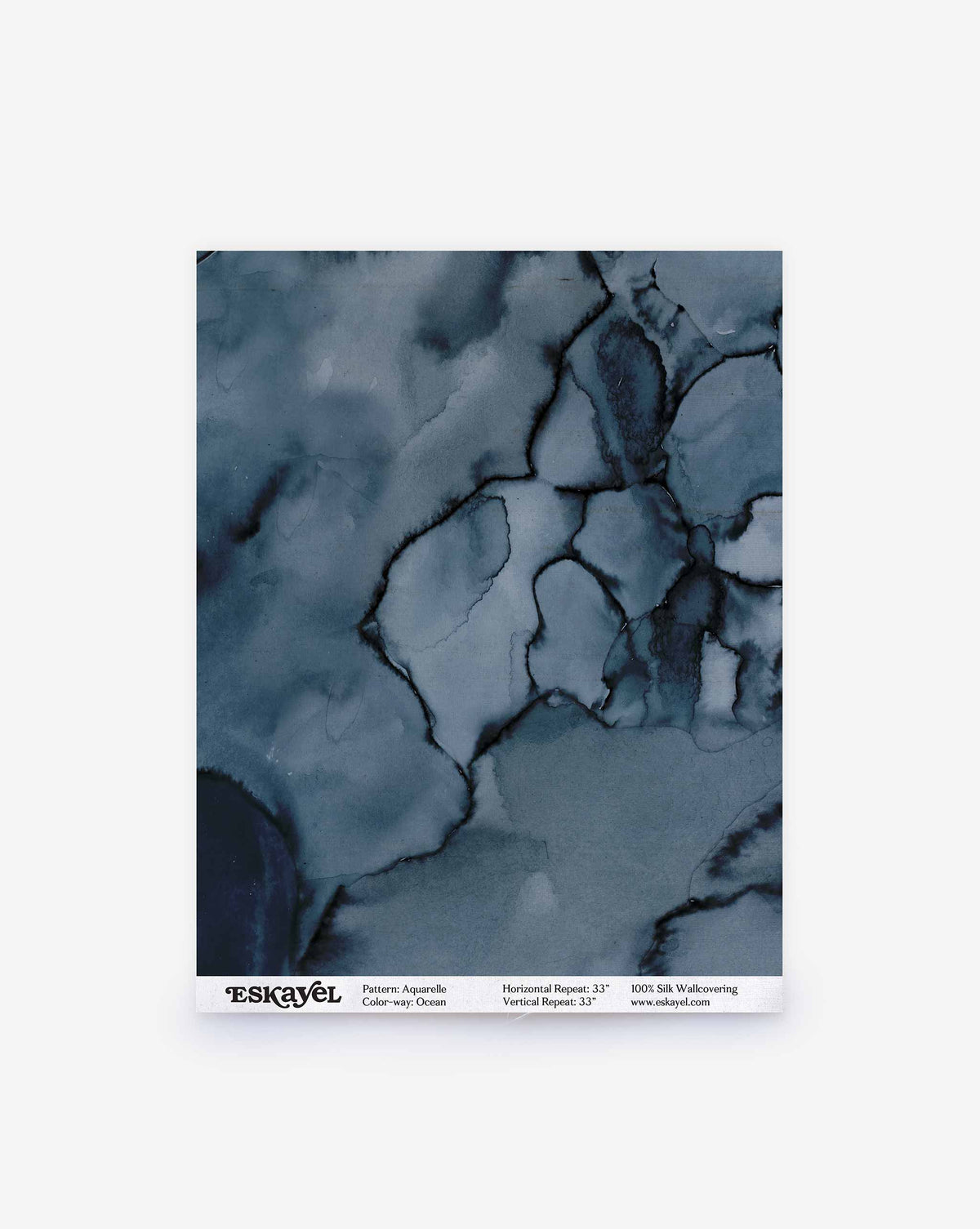 Aquarelle Silk Sample in Ocean, a dark blue abstract watercolor wallcovering featuring a branching, ink-wash pattern.