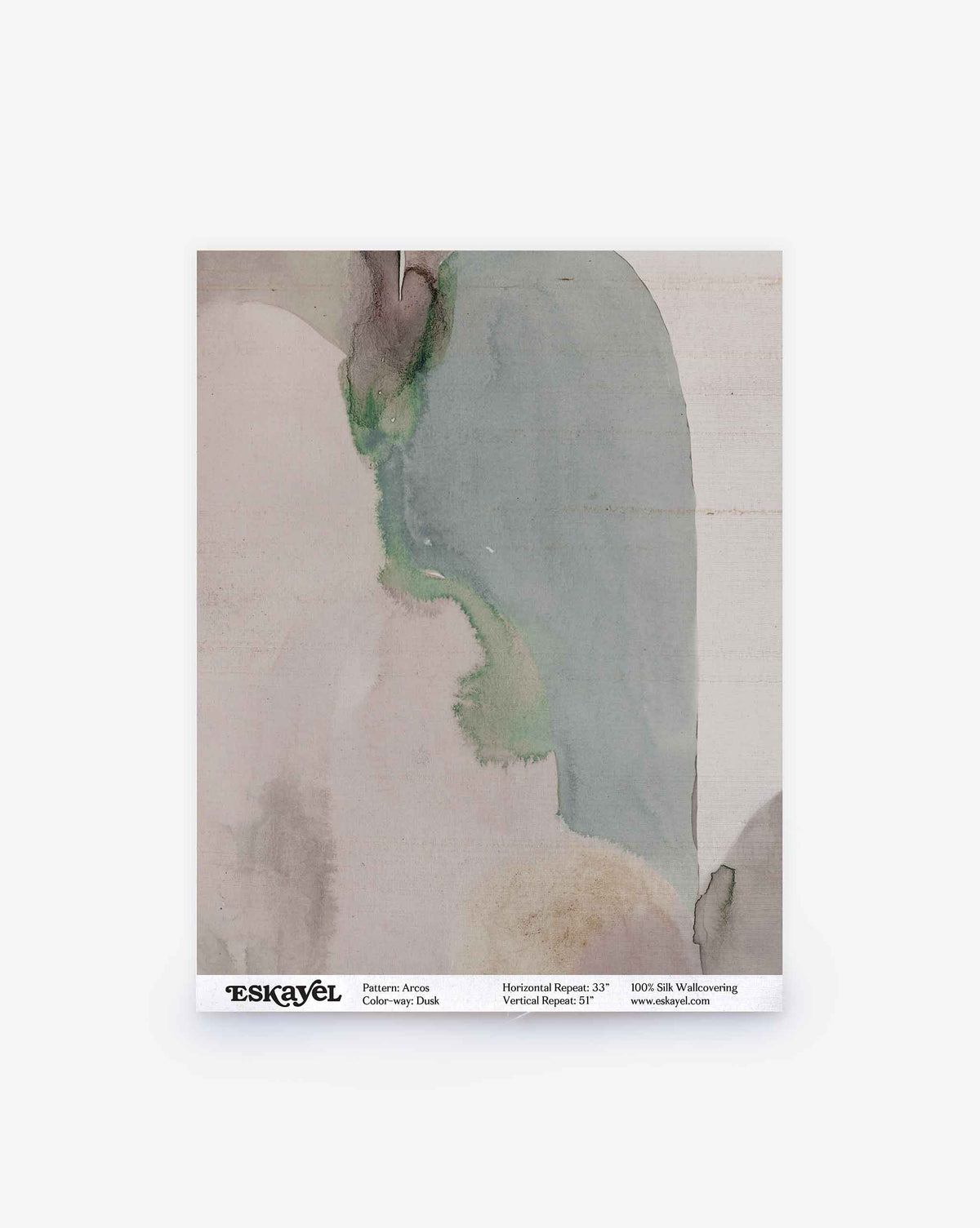 Arcos Silk Wallcovering in Dusk, featuring an abstract watercolor design in muted green, gray, and beige with product information printed along the bottom edge.