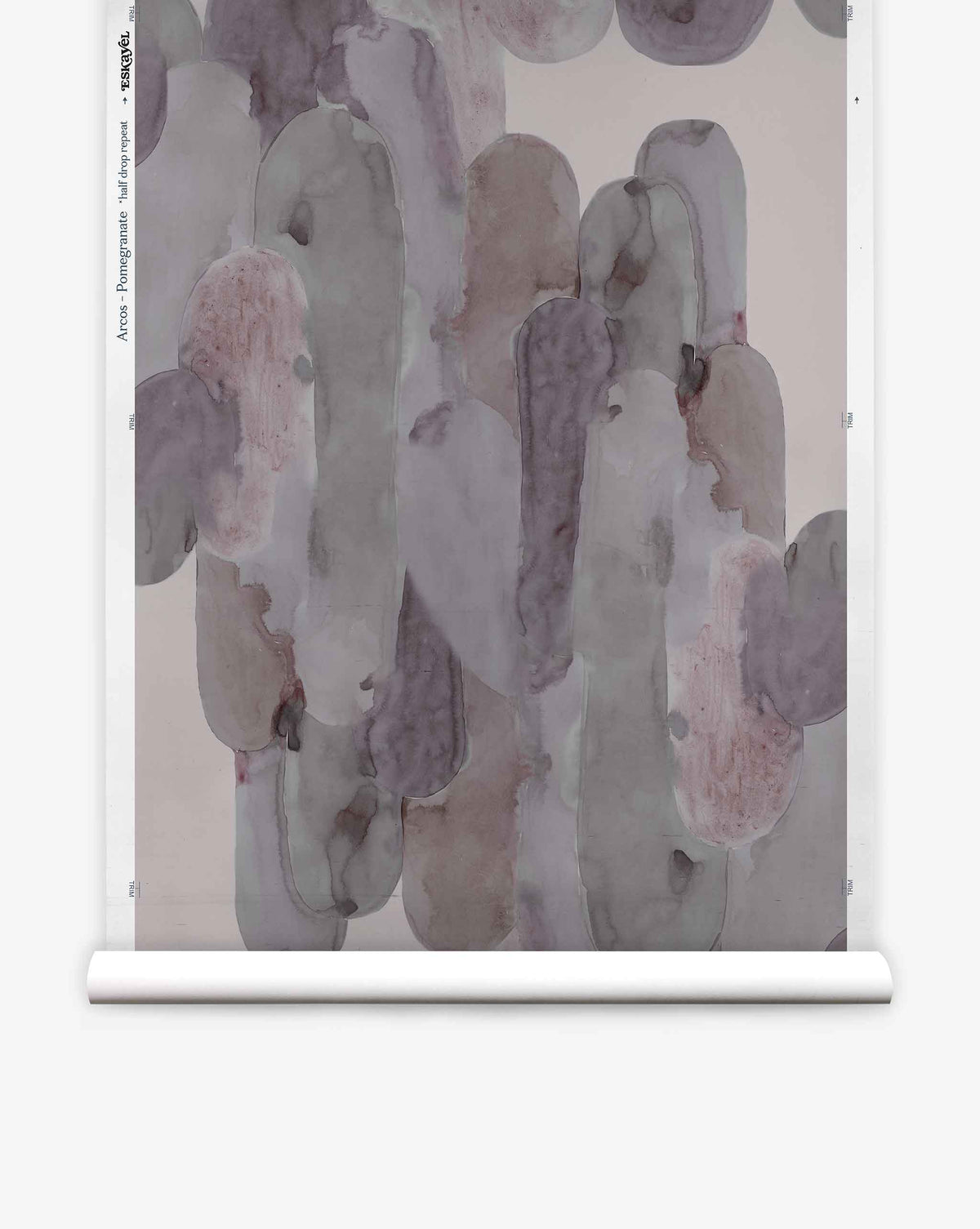 Arcos Silk Wallcovering||Pomegranate showcases abstract, hand-painted wallpaper with overlapping vertical oval brushstrokes in muted gray, mauve, and brown tones set against a light background.