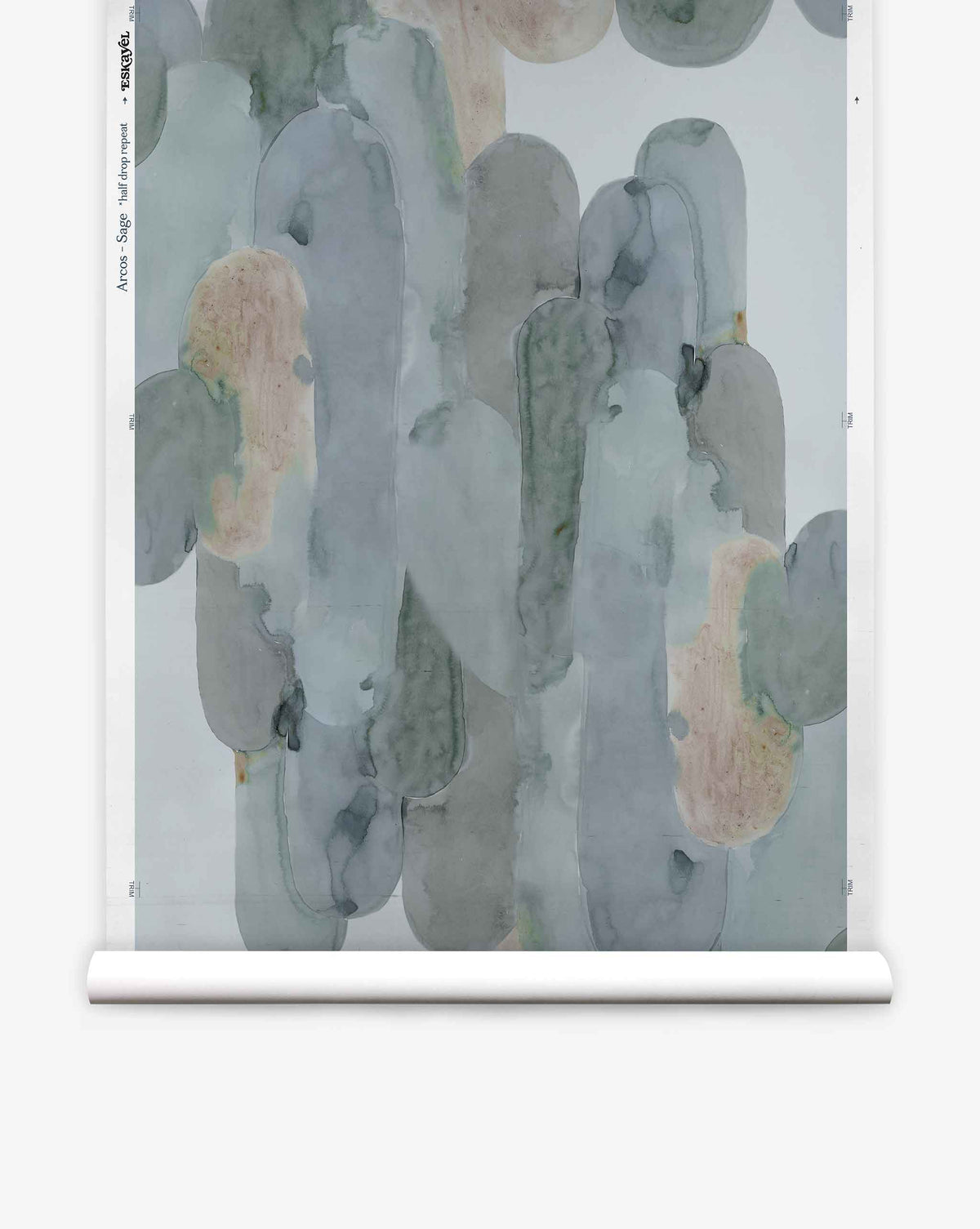 The Arcos Silk Wallcovering||Sage features abstract watercolor brushstrokes in muted green, blue, and beige on a crisp white background, evoking a calm sophistication. Presented as a scroll, this piece highlights the delicate beauty of hand-painted silk and reflects the timeless elegance distinctive to Arcos Silk Wallcovering.
