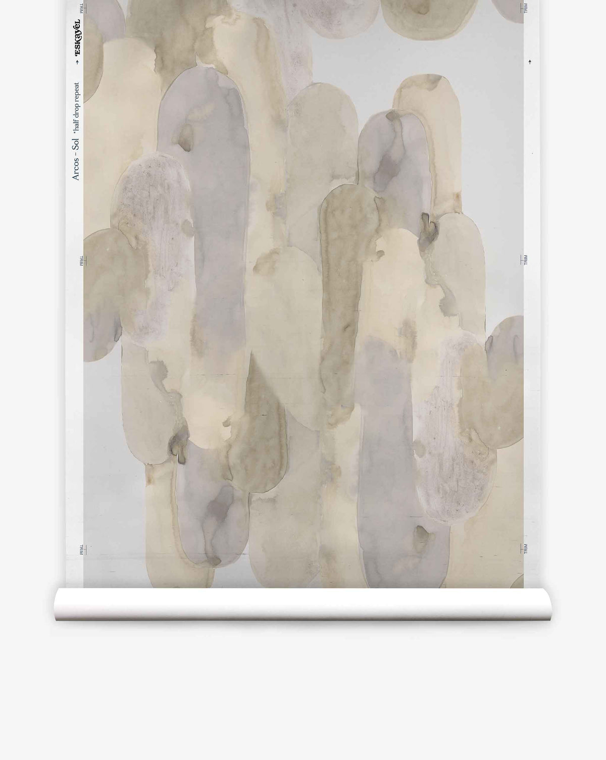 Hand-painted with overlapping oval shapes in muted beige, gray, and brown tones on a white background, the Arcos Silk Wallcovering||Sol evokes abstract watercolor artistry and boasts the luxurious texture of silk wallcovering, presented elegantly on a roll.