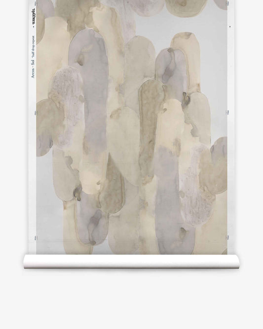Hand-painted with overlapping oval shapes in muted beige, gray, and brown tones on a white background, the Arcos Silk Wallcovering||Sol evokes abstract watercolor artistry and boasts the luxurious texture of silk wallcovering, presented elegantly on a roll.