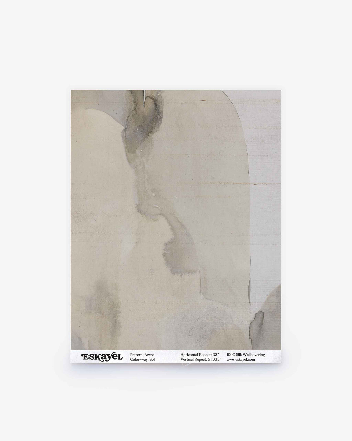 A sample order of Arcos Silk Sample||Sol wallpaper, featuring soft, muted grey and beige tones with abstract watercolor-style patterns on a white background.