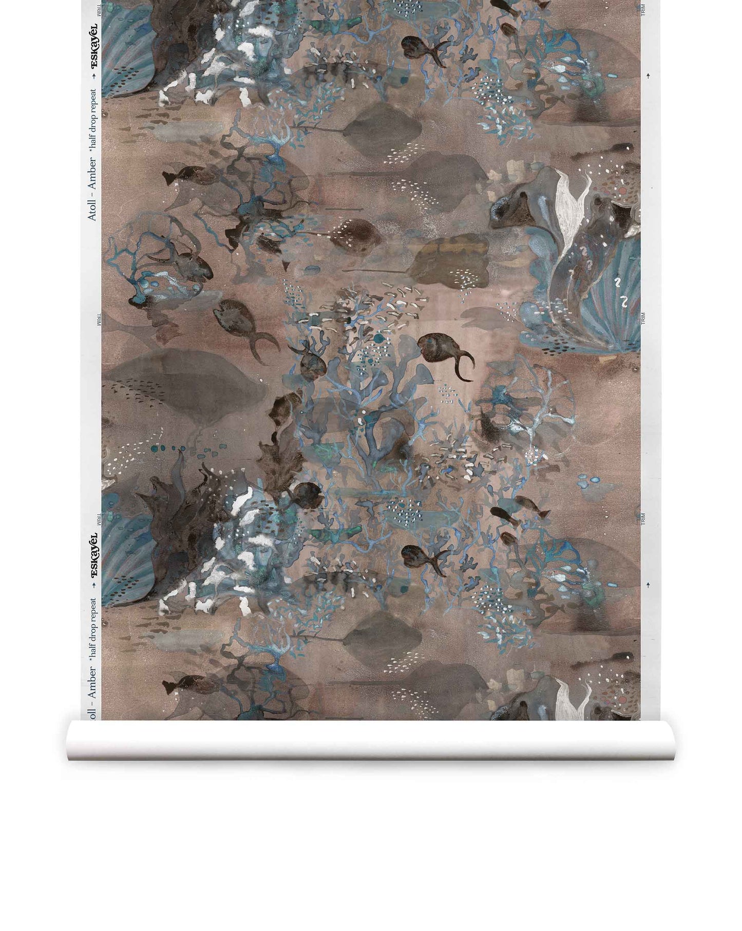 Printed on silk and backed with paper, the oceanic Atoll design is a luxury wallcovering from Eskayel. The Amber colorway features brown hues. 