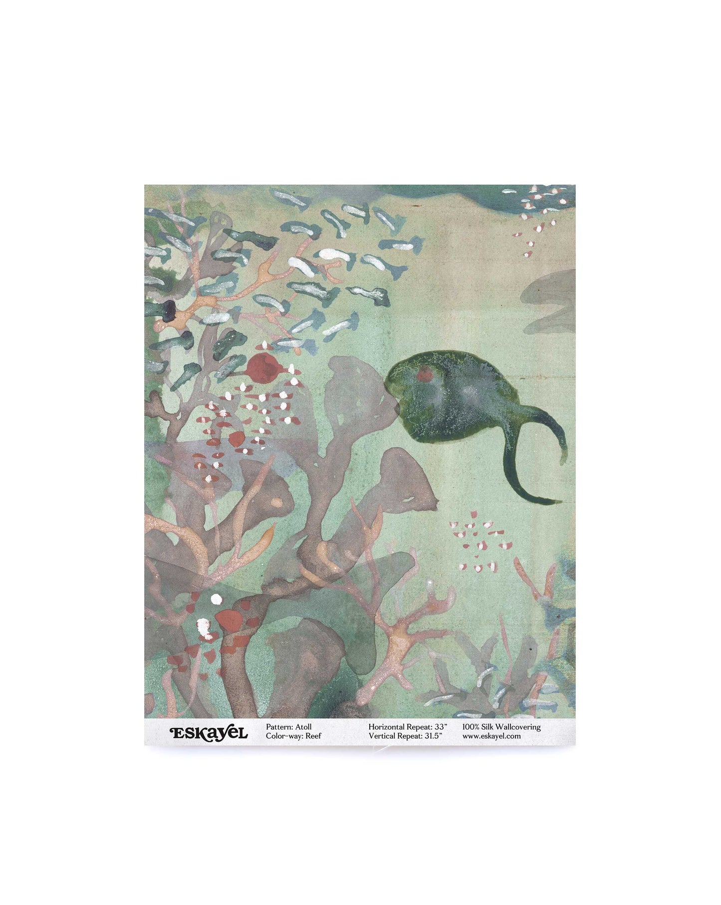 A swatch of Eskayel’s Atoll pattern on paper backed silk wallpaper in the colorway Reef with its green hues.