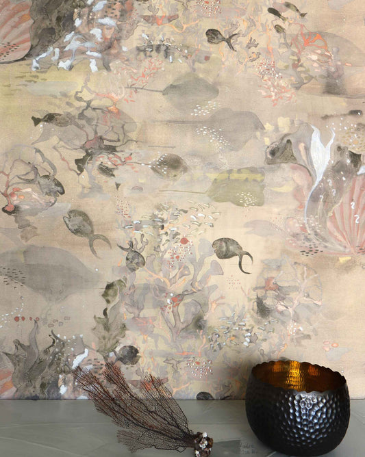 Eskayel’s Atoll wallpaper in Sol with its beige hues is printed on a paper backed silk and installed in a room.