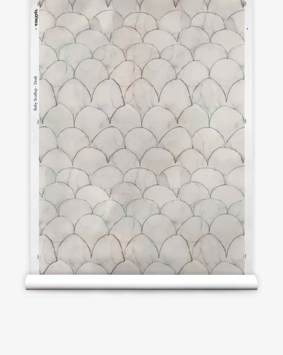 Baby Scallop Silk Wallcovering||Dusk features repeating scallop and geometric motifs in soft pastels, unrolled against a white background.