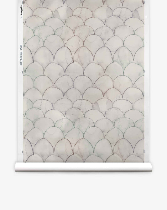 Baby Scallop Silk Wallcovering||Dusk features repeating scallop and geometric motifs in soft pastels, unrolled against a white background.