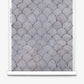 Baby Scallop Silk Wallcovering||Pomegranate features repeating geometric scallop motifs in gray, blue, and faint pink on a white background.