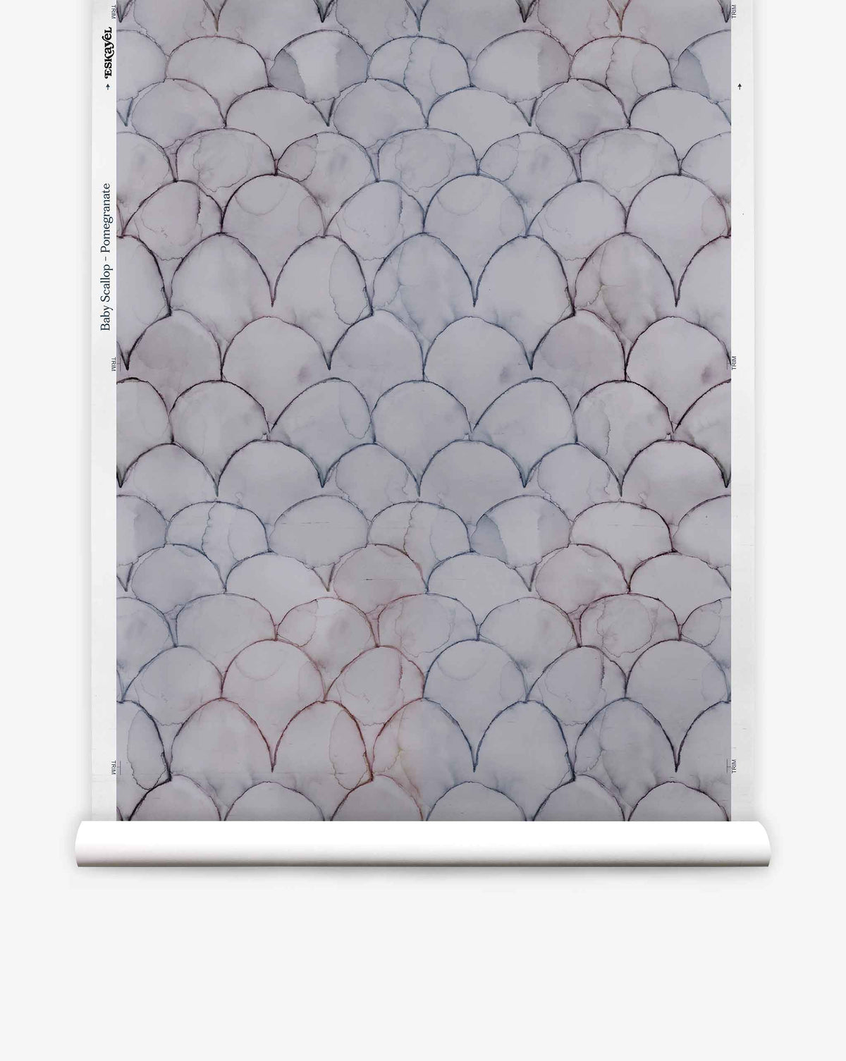 Baby Scallop Silk Wallcovering||Pomegranate features repeating geometric scallop motifs in gray, blue, and faint pink on a white background.