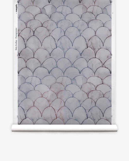 Baby Scallop Silk Wallcovering||Pomegranate features repeating geometric scallop motifs in gray, blue, and faint pink on a white background.