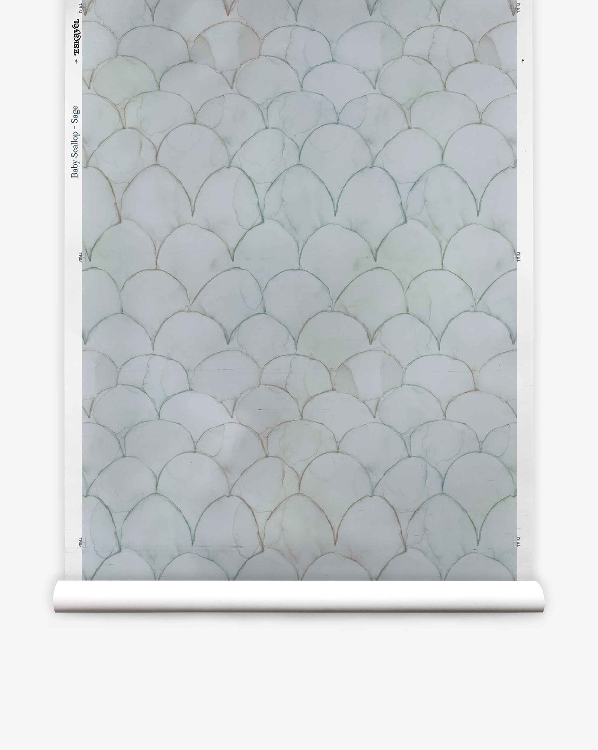 Baby Scallop Silk Wallcovering||Sage features a repeating light blue and green geometric scallop pattern, resembling fish scales on a white background.