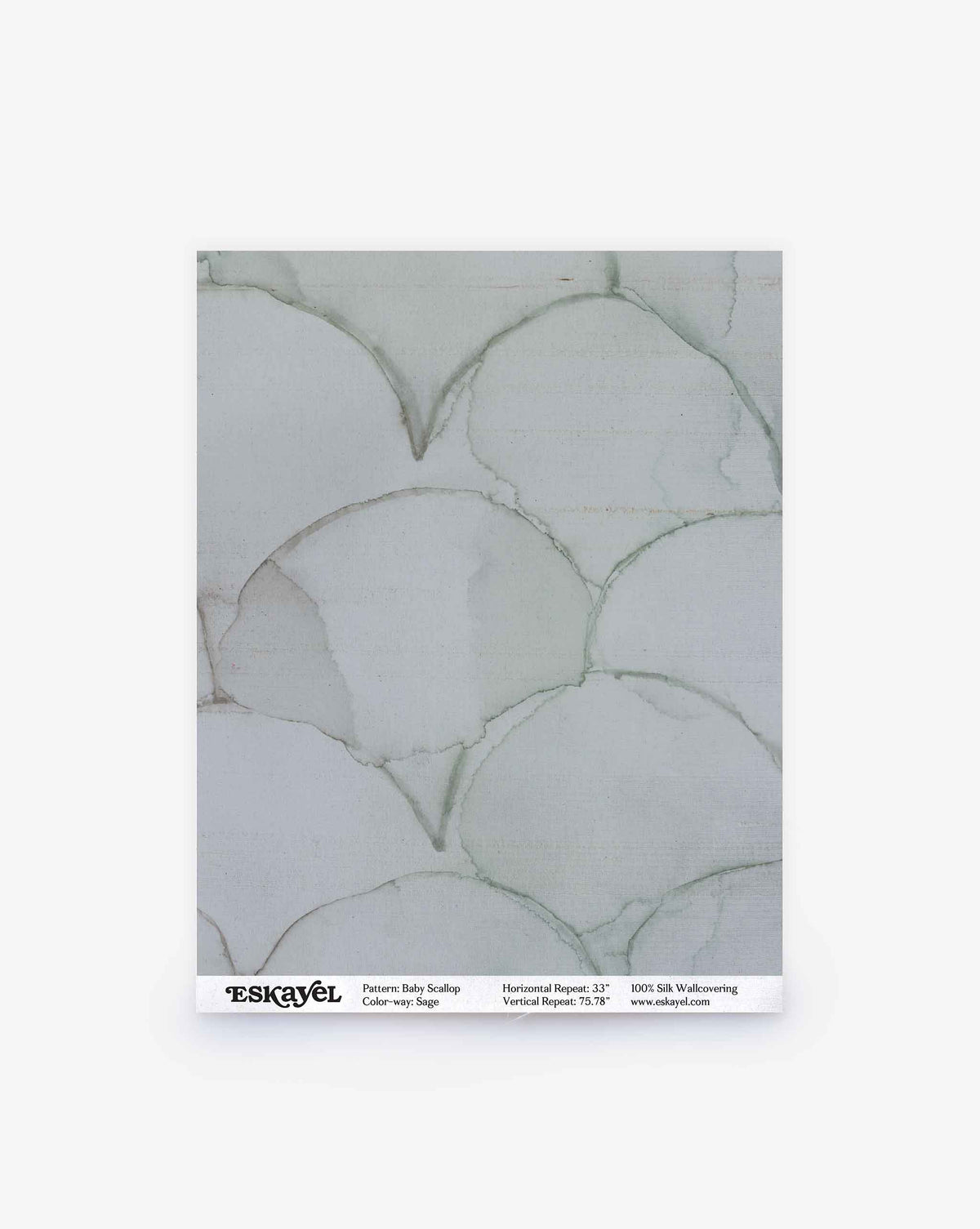 A sample card shows a light gray scallop pattern, labeled “Baby Scallop Silk Sample||Sage.” Order details and website appear at the bottom.
