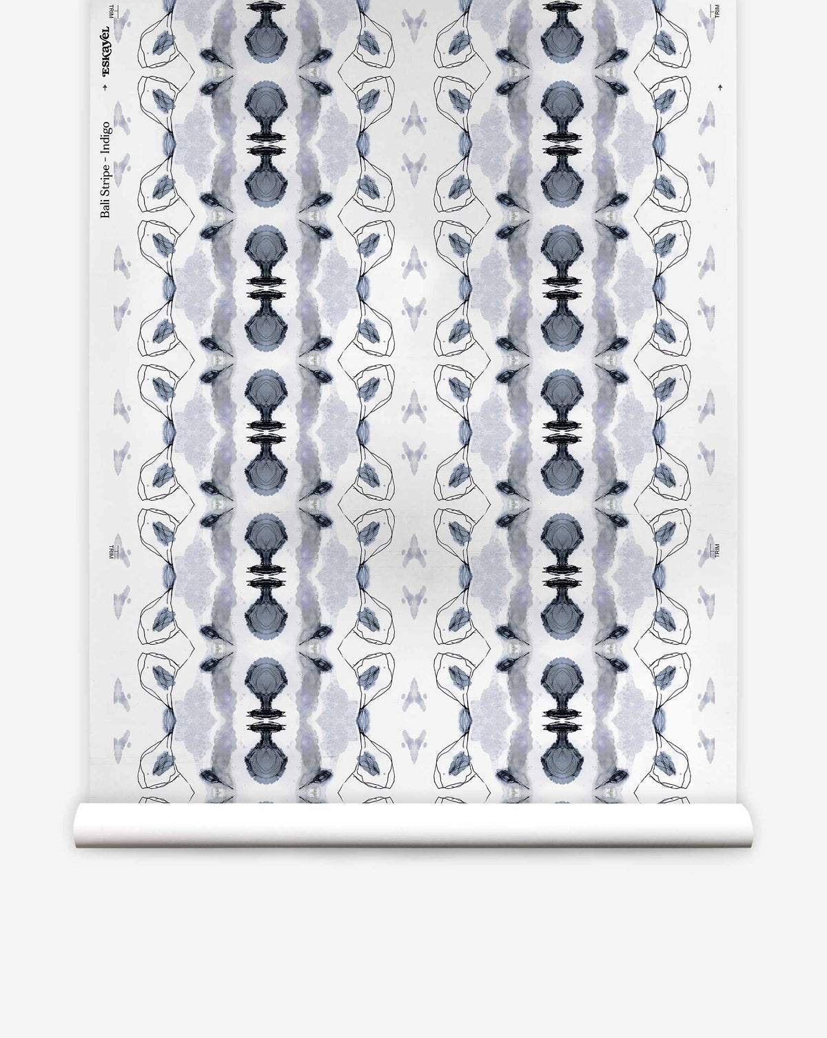Bali Stripe Silk Wallcovering in Indigo featuring a repeating pattern of dark blue ink-wash shapes and thin, spindly line art.
