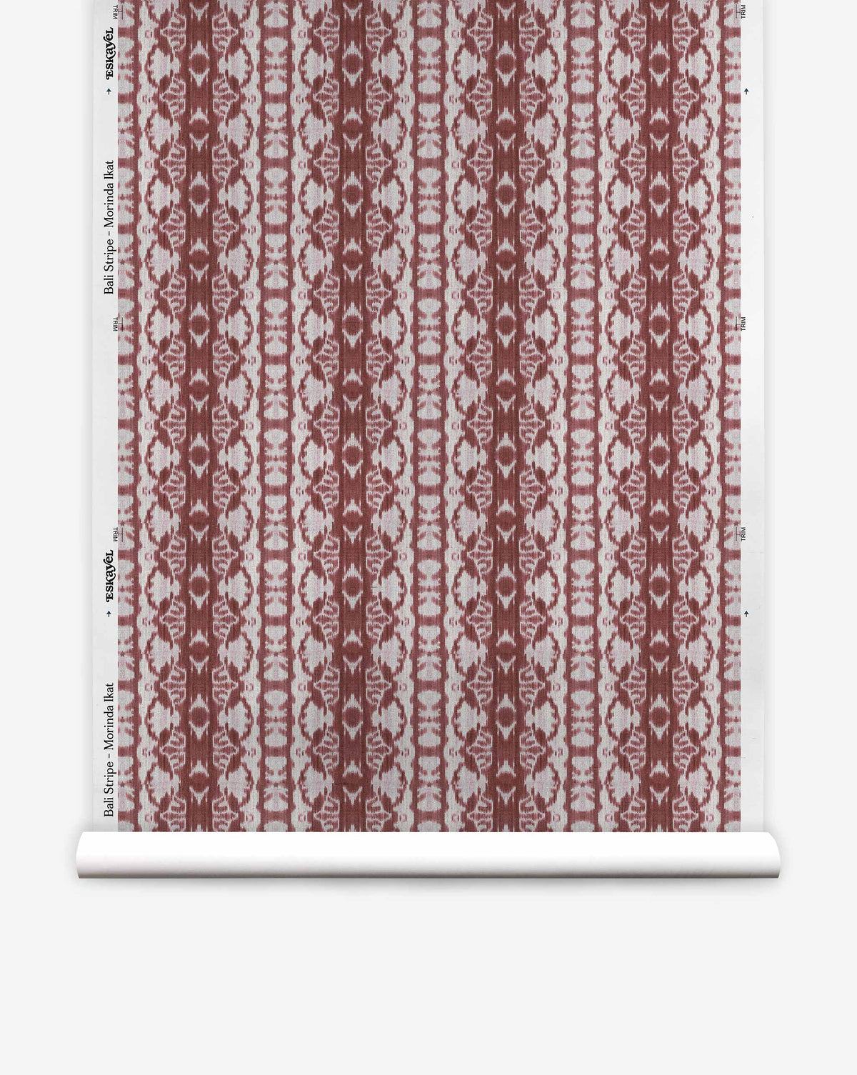 Bali Stripe Silk Wallcovering||Morinda Ikat wallpaper roll featuring a vertical pattern of white and muted red ikat-style motifs with an abstract aesthetic.