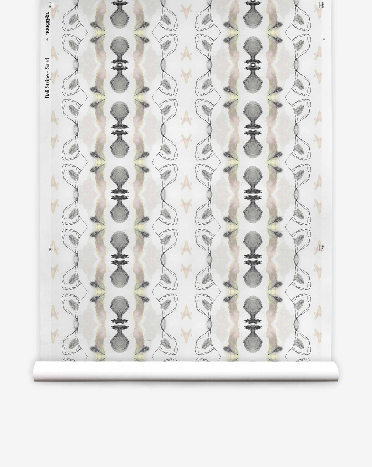 Bali Stripe Silk Wallcovering in Sand features a symmetrical design of gray watercolor shapes and black line-drawn geometric outlines on a neutral background, evoking a sophisticated aesthetic.