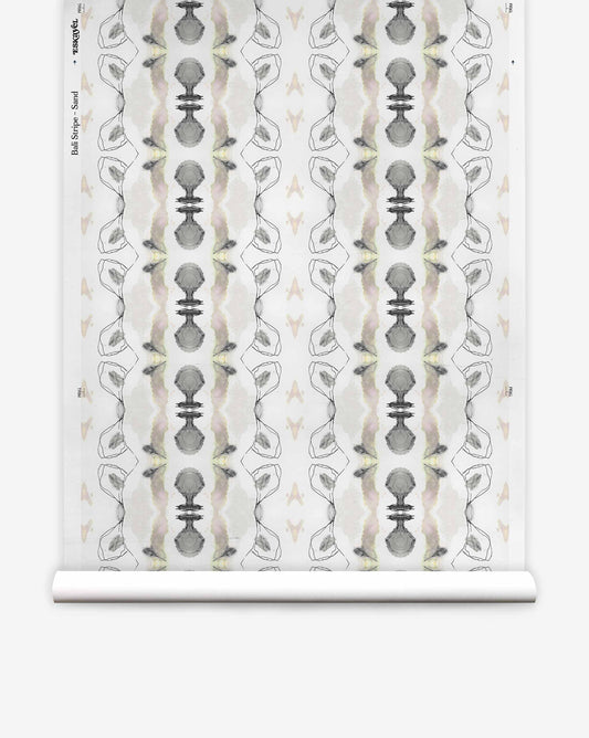 Bali Stripe Silk Wallcovering in Sand features a symmetrical design of gray watercolor shapes and black line-drawn geometric outlines on a neutral background, evoking a sophisticated aesthetic.