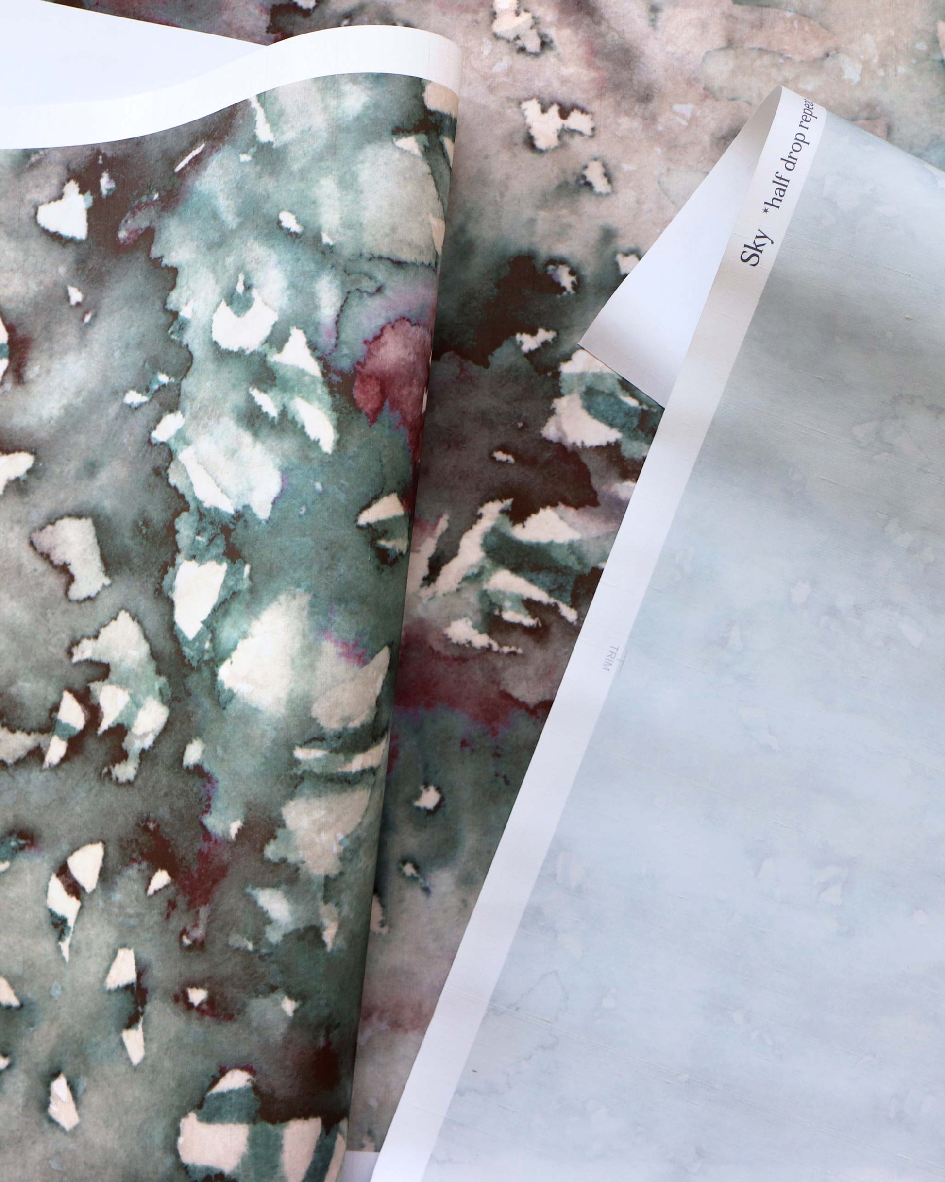 Eskayel's Prospects mural in the colorway verde and Stratus pattern in the colorway sky.