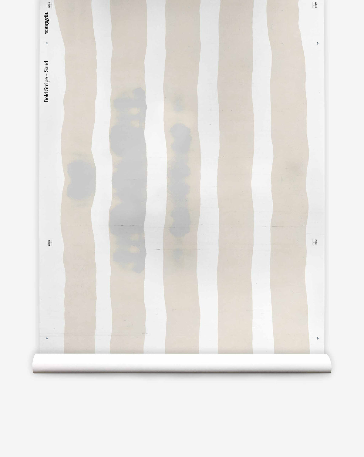 Bold Stripe Silk Wallcovering in Sand, featuring wide, hand-painted vertical stripes in beige and light gray on a white background.