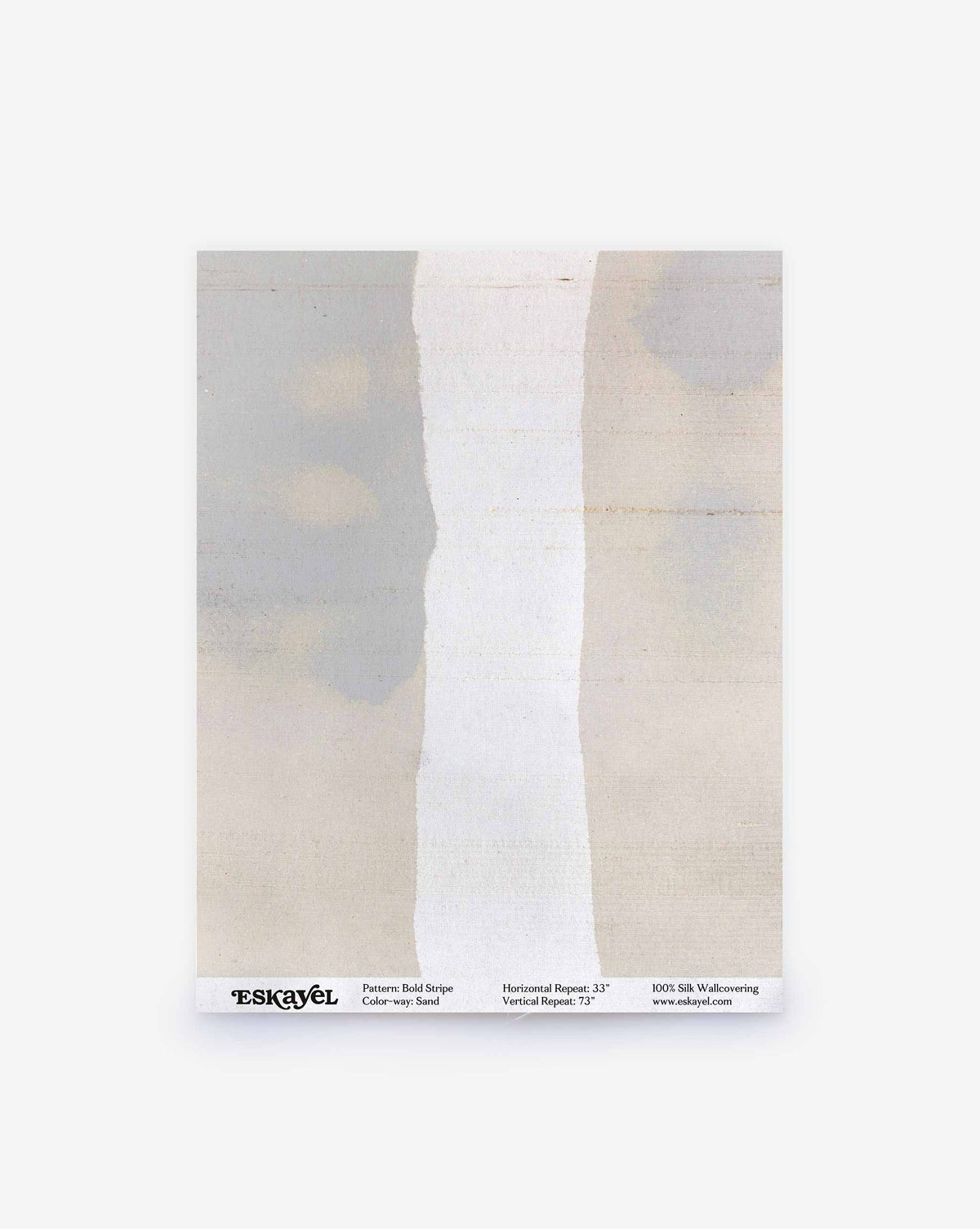 Bold Stripe Silk Sample in Sand featuring a vertical white stripe against a muted, light-toned background with an abstract painted texture.
