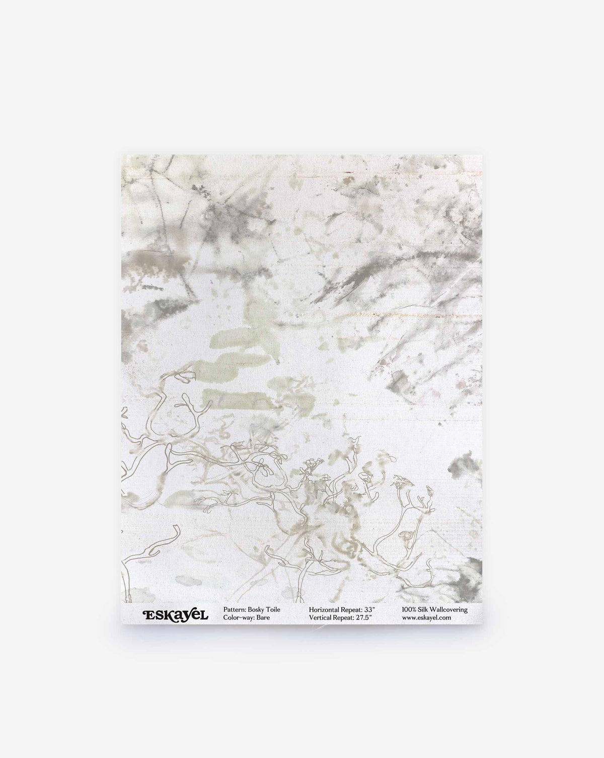 Bosky Toile Silk Wallcovering in an abstract, watercolor-style grey and green mottled design featuring line-drawn branch silhouettes at the bottom.