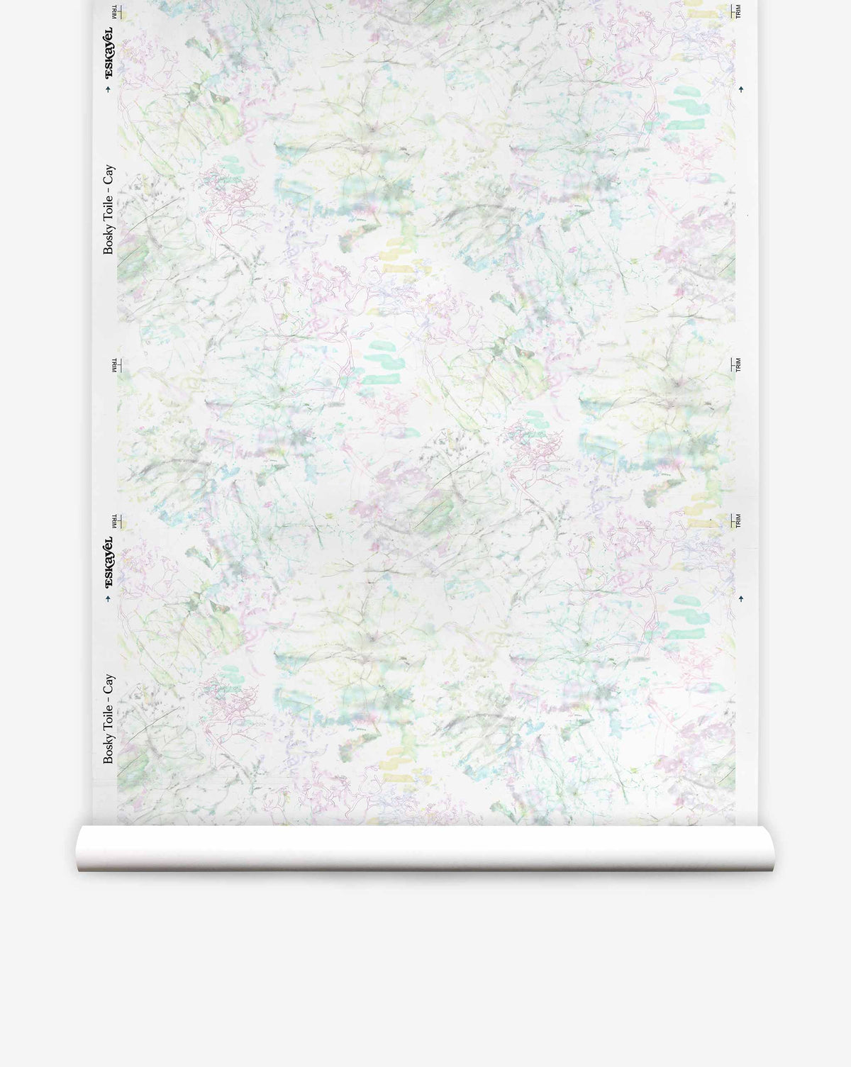 Bosky Toile Silk Wallcovering in Cay featuring an abstract, watercolor-style pattern of light green, blue, and purple brushstrokes and fine, spindly lines on a white background.