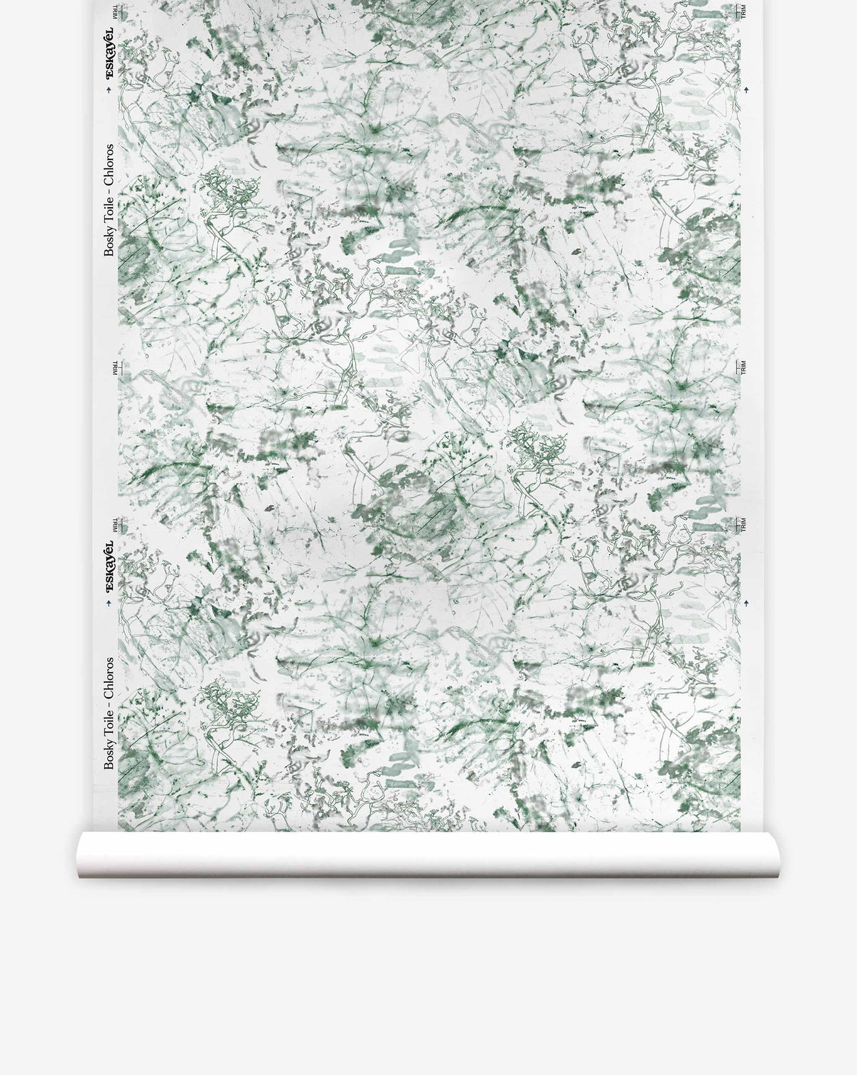 A roll of Bosky Toile Silk Wallcovering | Chloros featuring a luxury abstract green and white botanical pattern.
