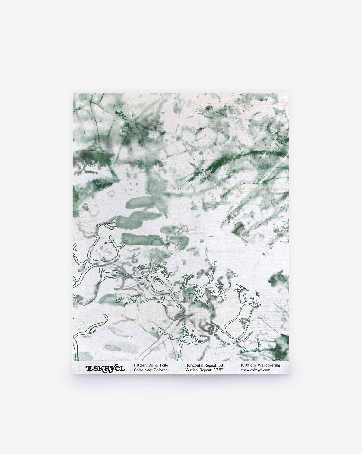 Bosky Toile Silk Wallcovering in Chloros, featuring green and white abstract watercolor with detailed line-drawn branches at the bottom.
