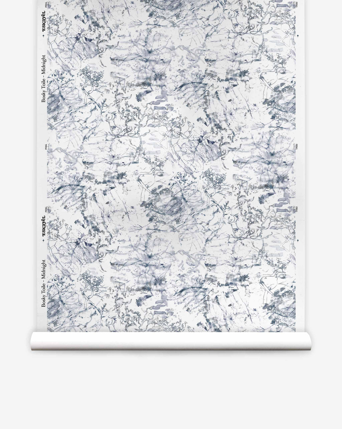 Bosky Toile Silk Wallcovering in Midnight, featuring abstract dark blue ink-wash marks and fine charcoal line drawings of tree branches on a white background.