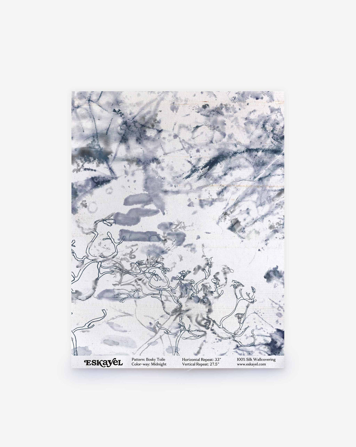 Bosky Toile Silk Sample in Midnight, featuring an abstract dark blue and white wash pattern with line-drawn botanical shapes.