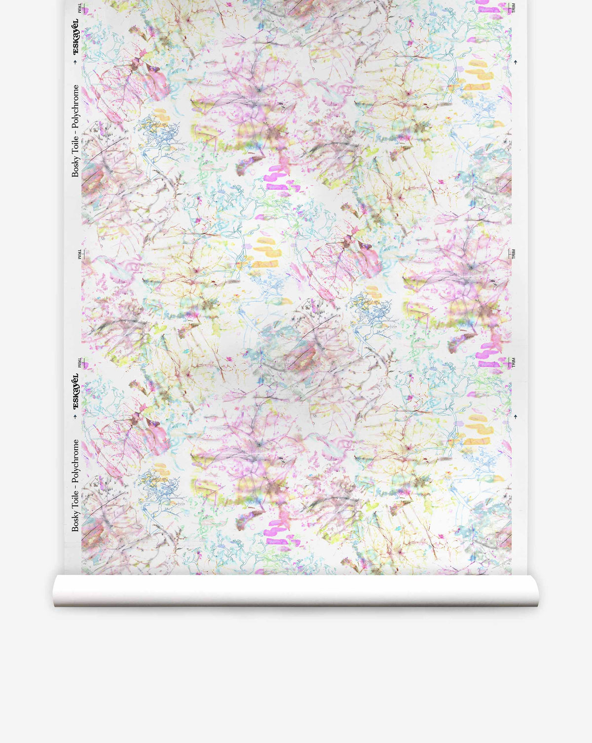 A roll of Bosky Toile Silk Wallcovering in Polychrome, featuring an abstract pattern of tangled branches and smudges in shades of pink, yellow, blue, and brown.