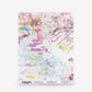 Bosky Toile Silk Sample in Polychrome featuring a multicolored, abstract watercolor pattern with fine line drawings of tree branches.