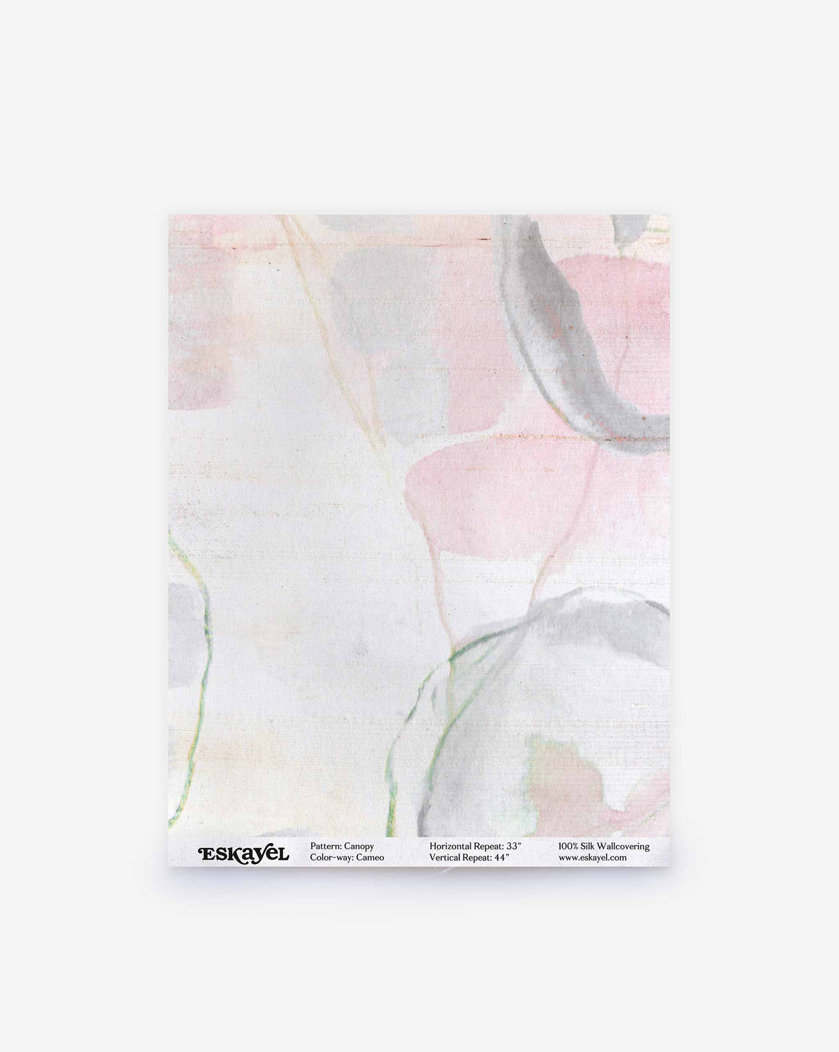 A swatch of Canopy Silk Sample in Cameo featuring an abstract pattern of soft pink and grey brushstrokes on an off-white background; order a sample to see the design in your space.