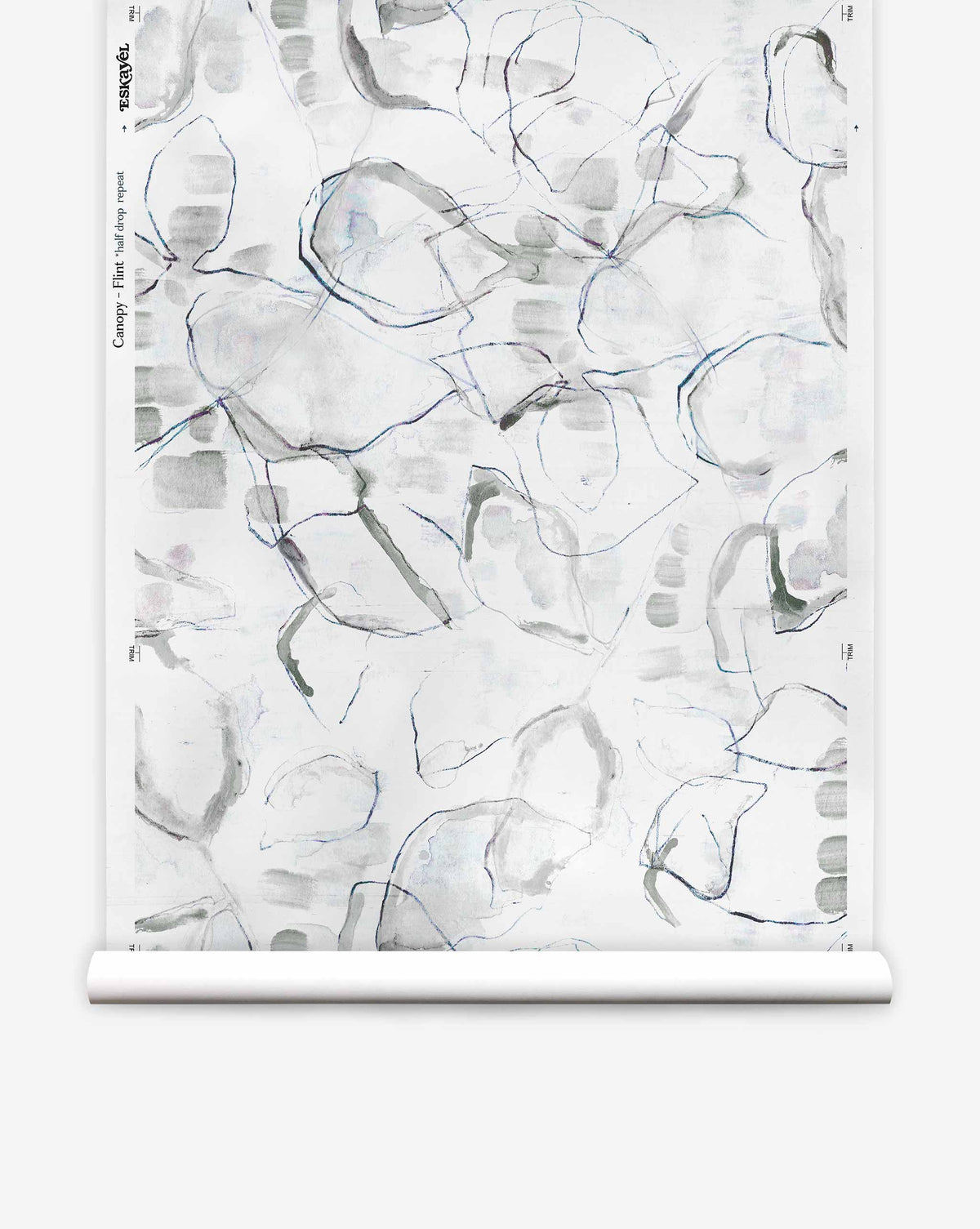 A roll of Canopy Silk Wallcovering in Flint, featuring an abstract blue brushstroke pattern of overlapping organic shapes on a white background.