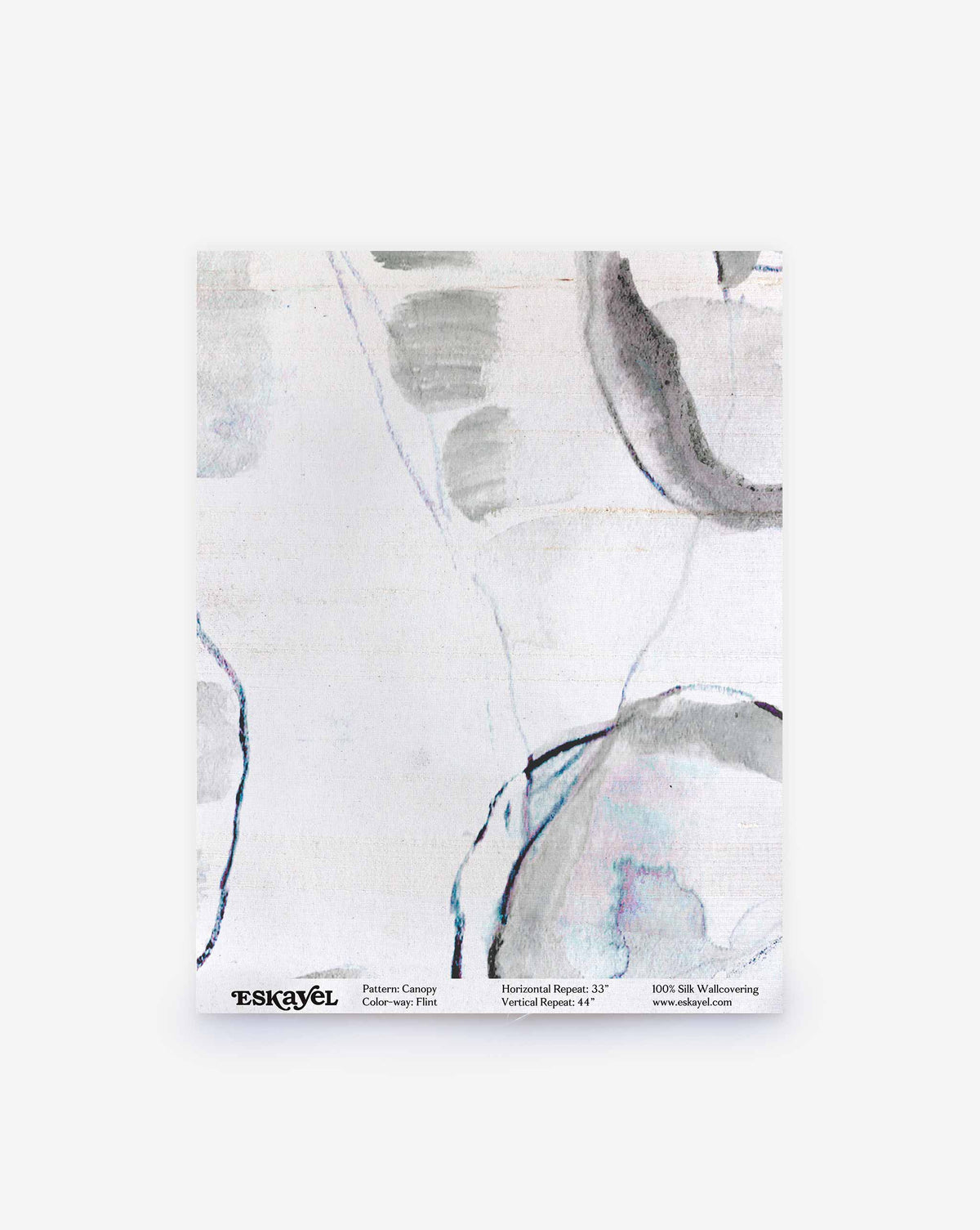 Canopy Silk Sample in Flint featuring an abstract gray and blue brushstroke pattern on a light background.