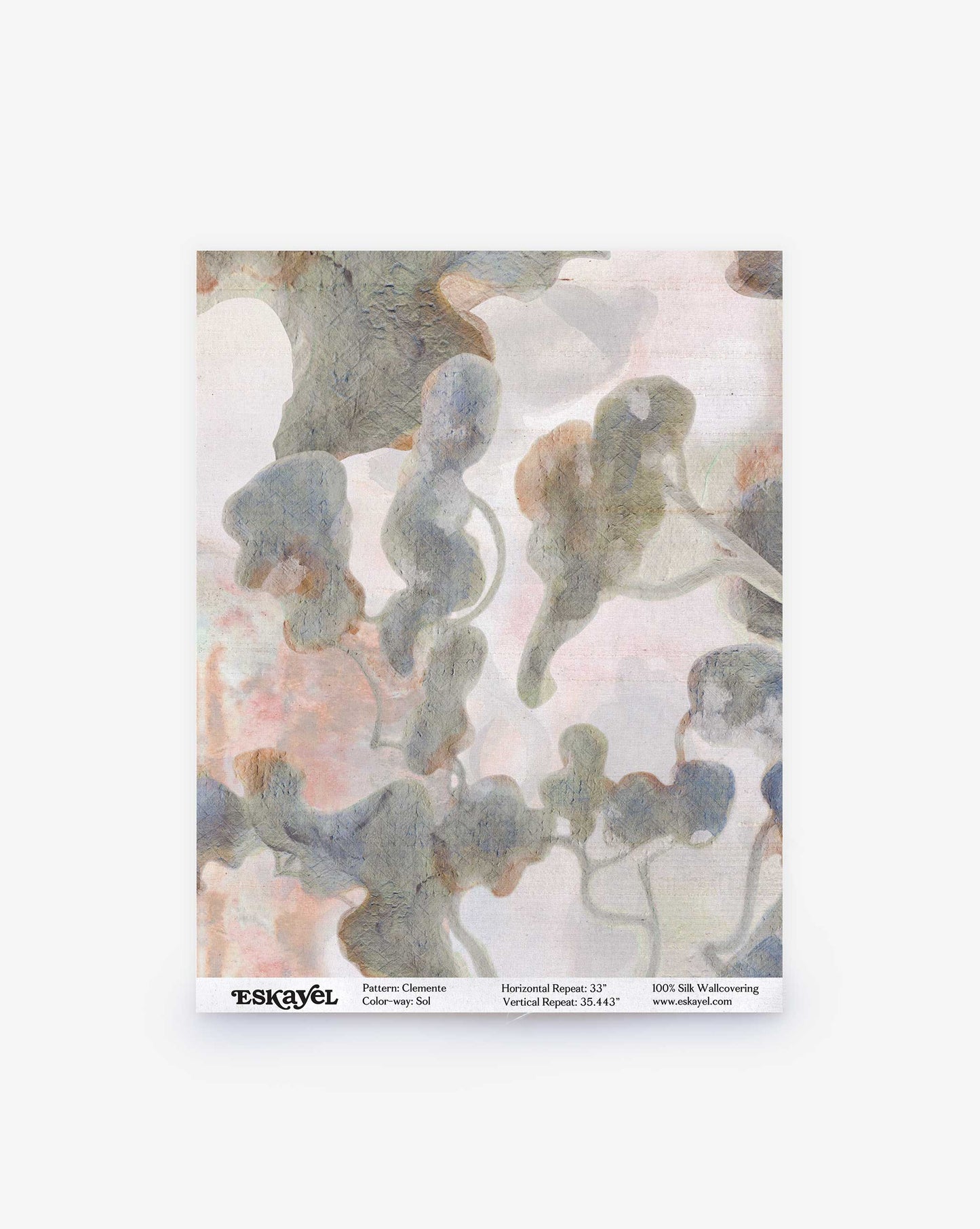Experience the unique texture and design of Clemente Silk Sample in Sol—a 100% silk wallcovering with abstract watercolor shapes in muted blue, gray, and peach. Order a sample to see the artwork firsthand.