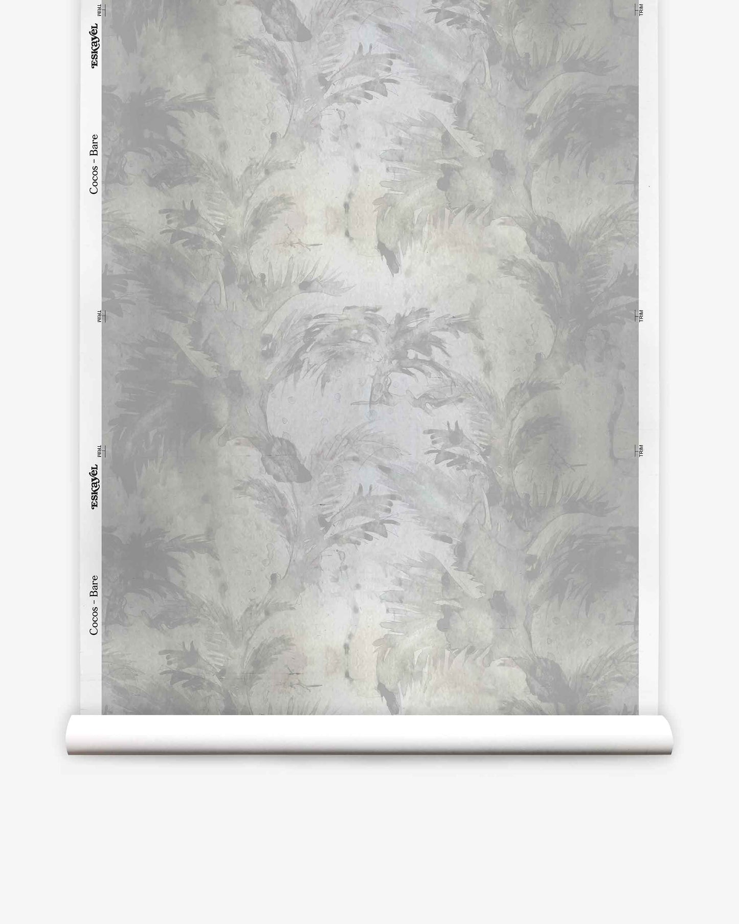 A roll of Cocos Silk Wallcovering||Bare, featuring a muted, abstract botanical pattern in shades of gray and white, is displayed vertically against a white background.