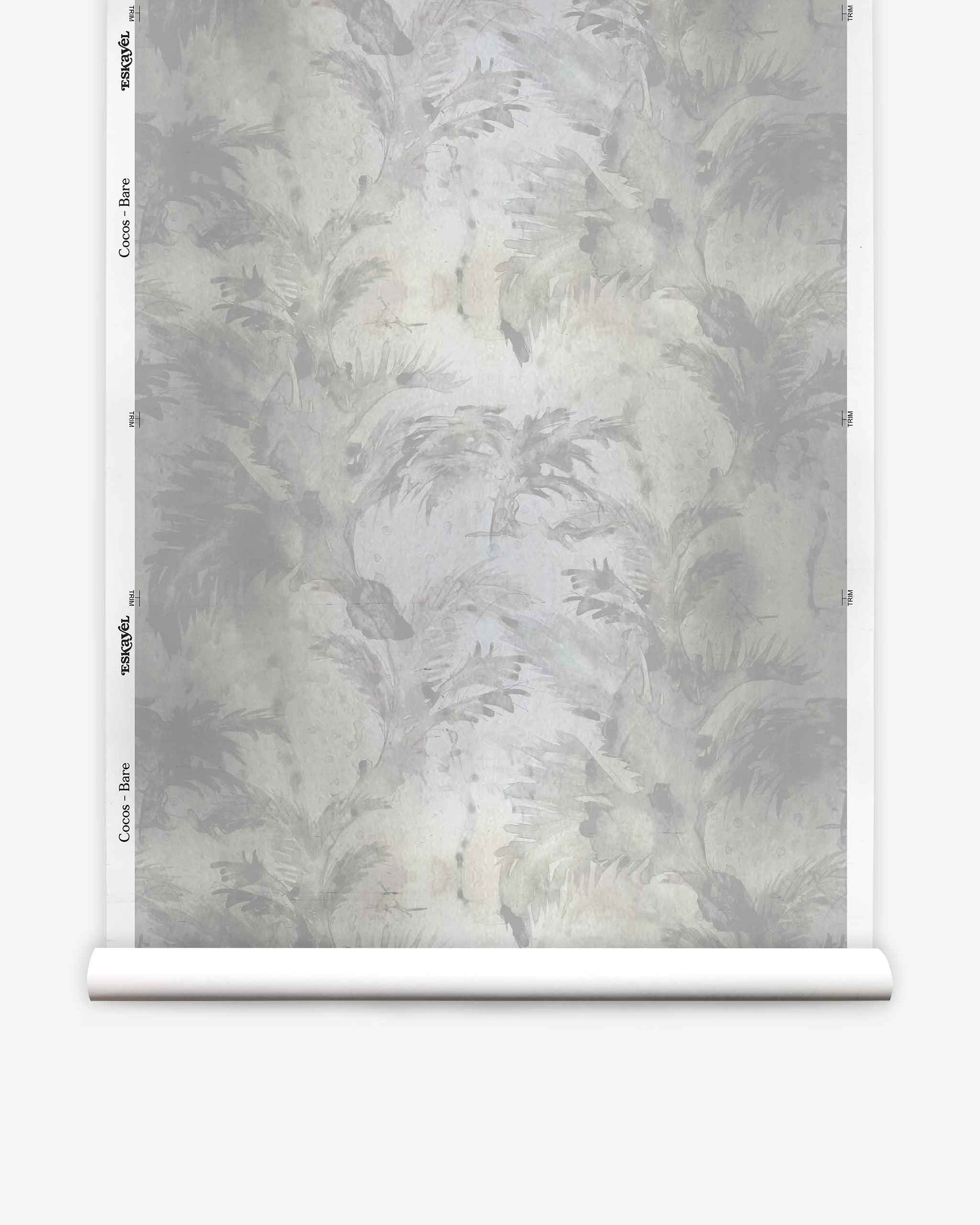 A roll of Cocos Silk Wallcovering||Bare, featuring a muted, abstract botanical pattern in shades of gray and white, is displayed vertically against a white background.
