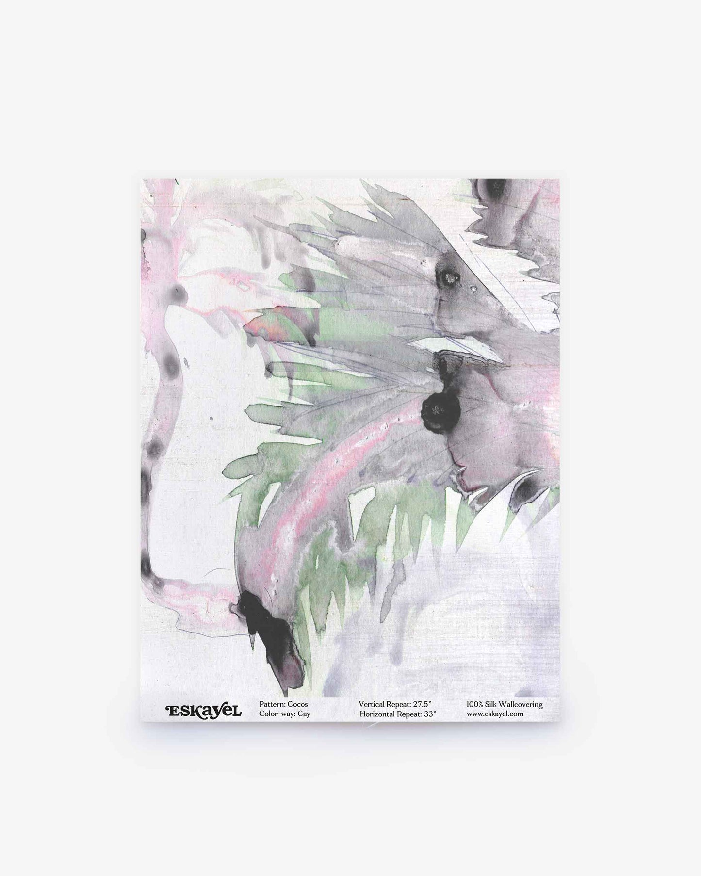 Cocos Silk Sample||Cay features abstract watercolor brushstrokes in soft pink, green, and black on a pristine white background. Displayed flat with text at the bottom, this modern piece adds refined elegance to any space—order a sample today to experience the quality and artistry of Cocos Silk Sample||Cay firsthand.
