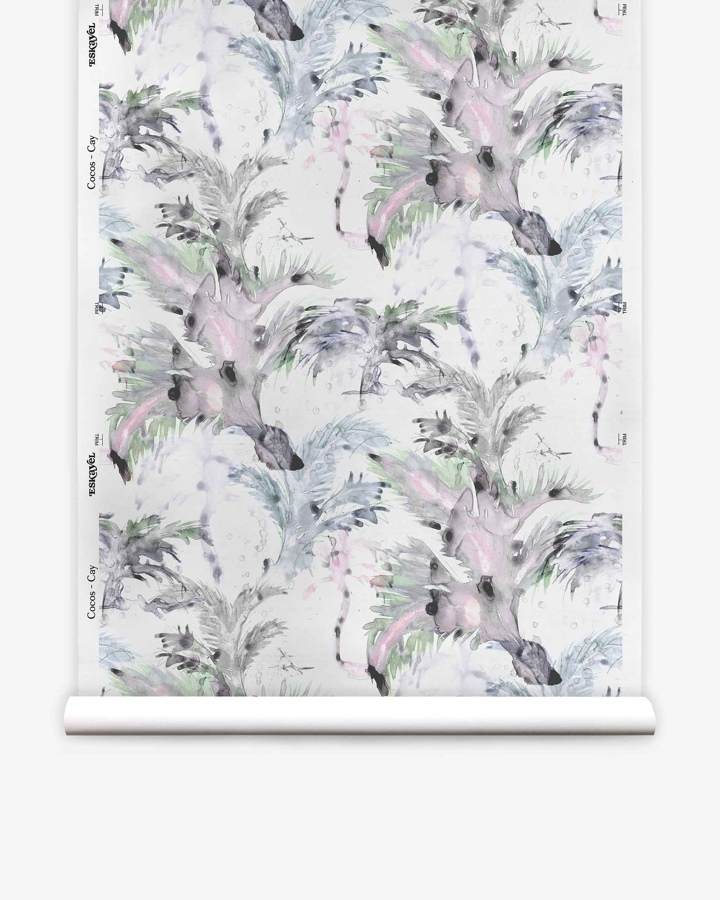 Introducing the Cocos Silk Wallcovering||Cay: a roll of elegant wallpaper showcasing a repeating watercolor design with anteaters and lush foliage, accented by subtle palm tree motifs in soft pastel tones on a crisp white background.