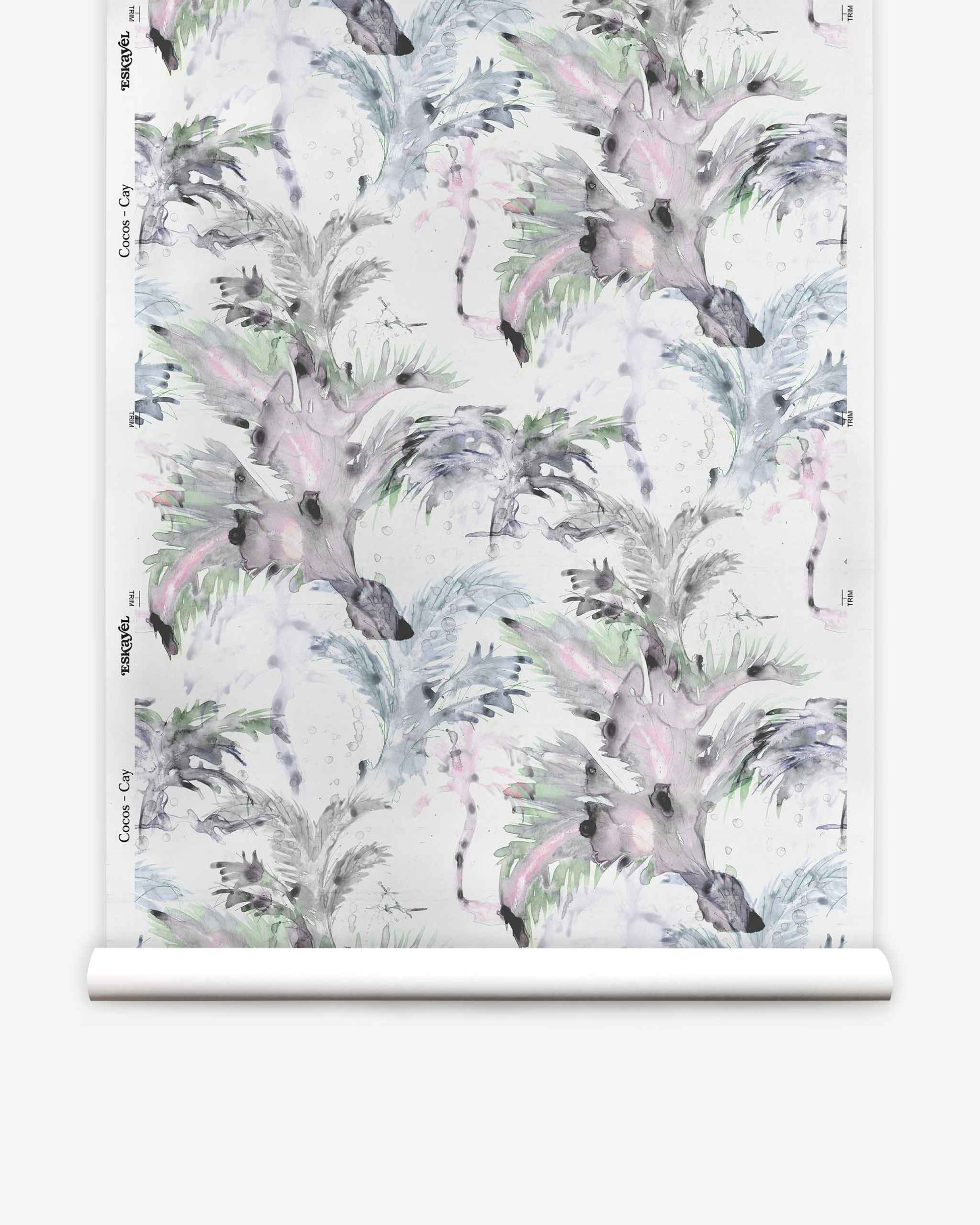 Introducing the Cocos Silk Wallcovering||Cay: a roll of elegant wallpaper showcasing a repeating watercolor design with anteaters and lush foliage, accented by subtle palm tree motifs in soft pastel tones on a crisp white background.