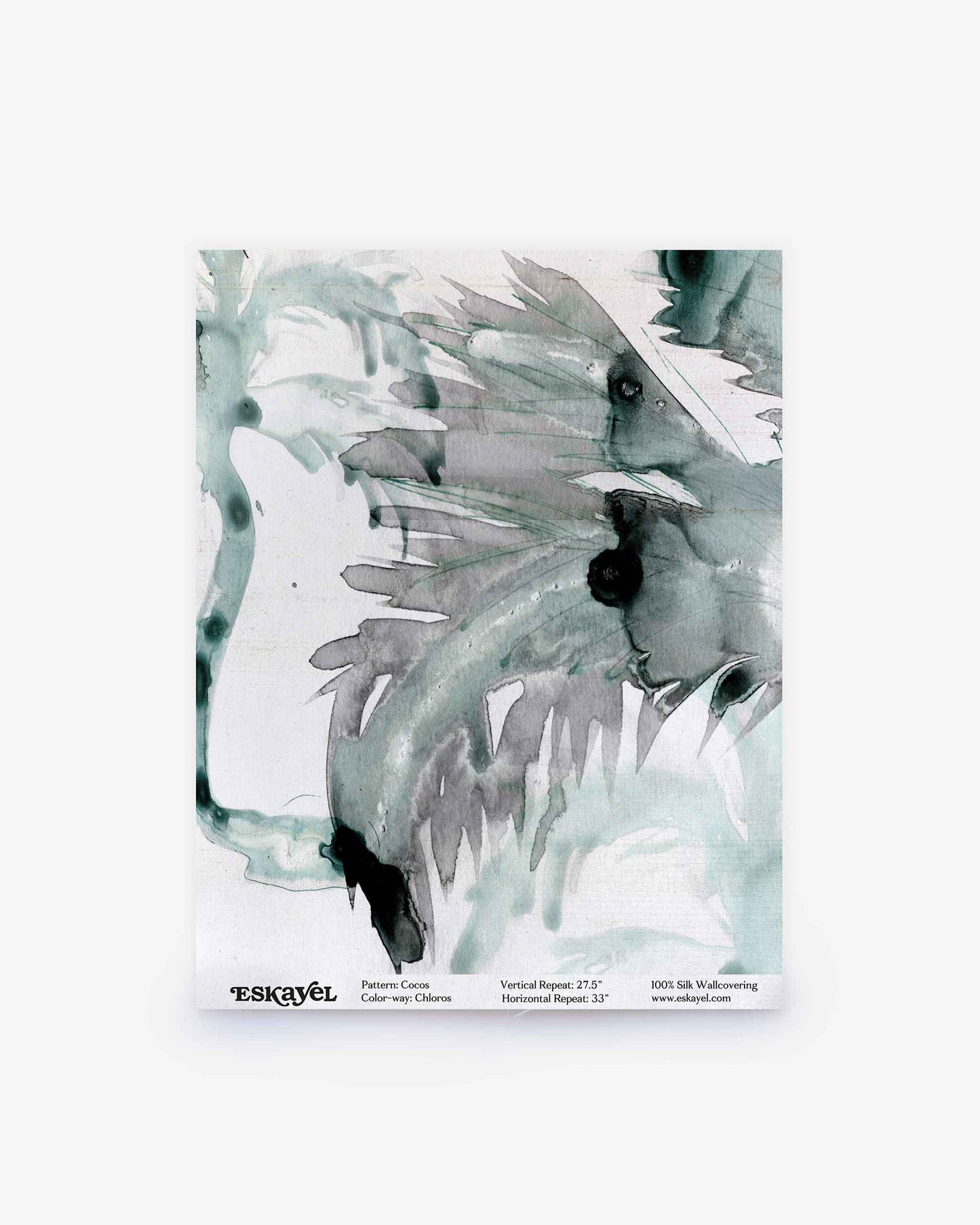Abstract watercolor art with green and black brushstrokes on white paper, featuring jagged and fluid shapes. Text at the bottom includes the product name “Cocos Silk Sample,” colorway “Chloros,” and material information. Order a sample to experience its unique texture and visual impact firsthand.