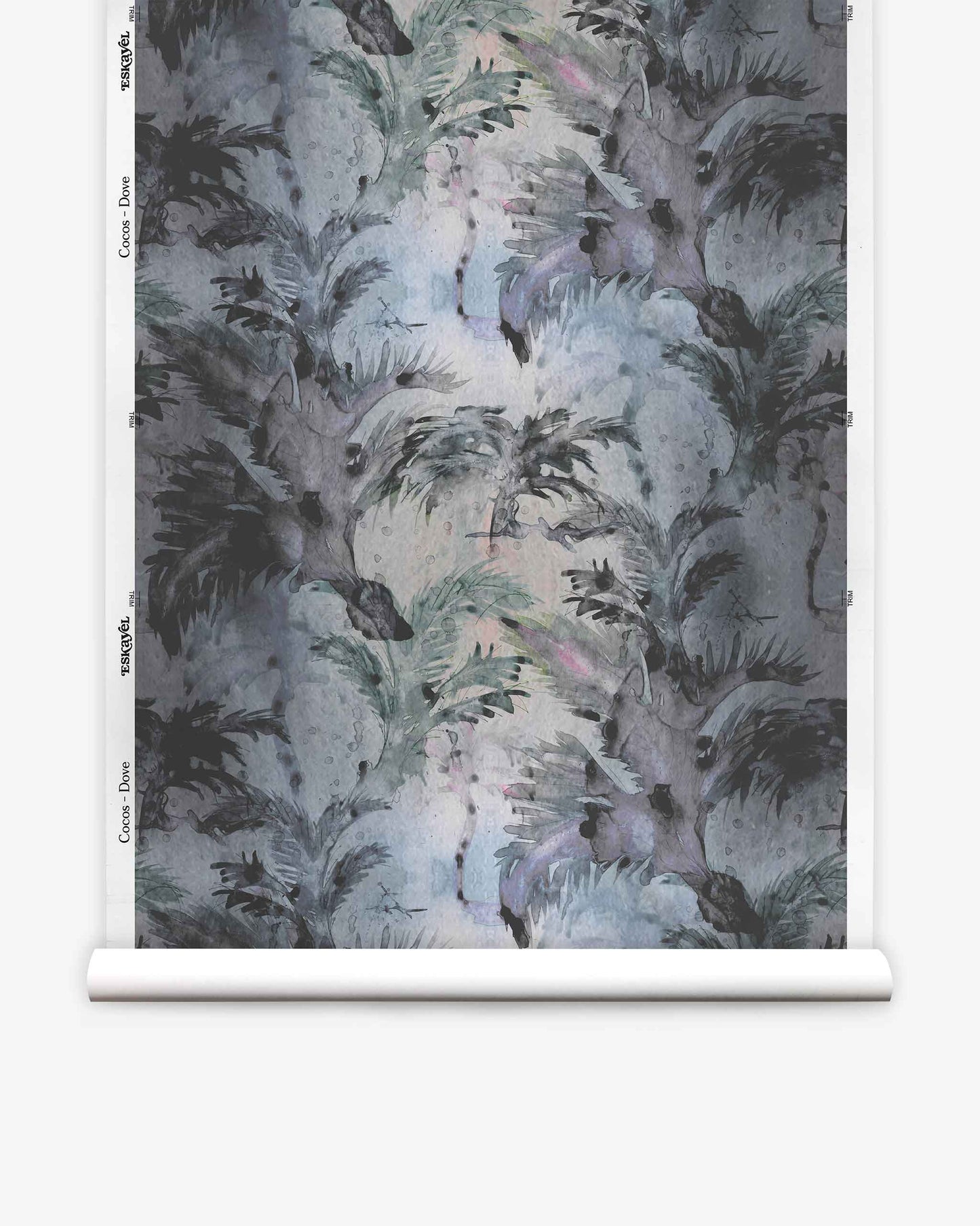 A roll of Cocos Silk Wallcovering in the Dove colorway, featuring a dark, abstract watercolor pattern with brush-like strokes and shapes in shades of blue, black, and gray.