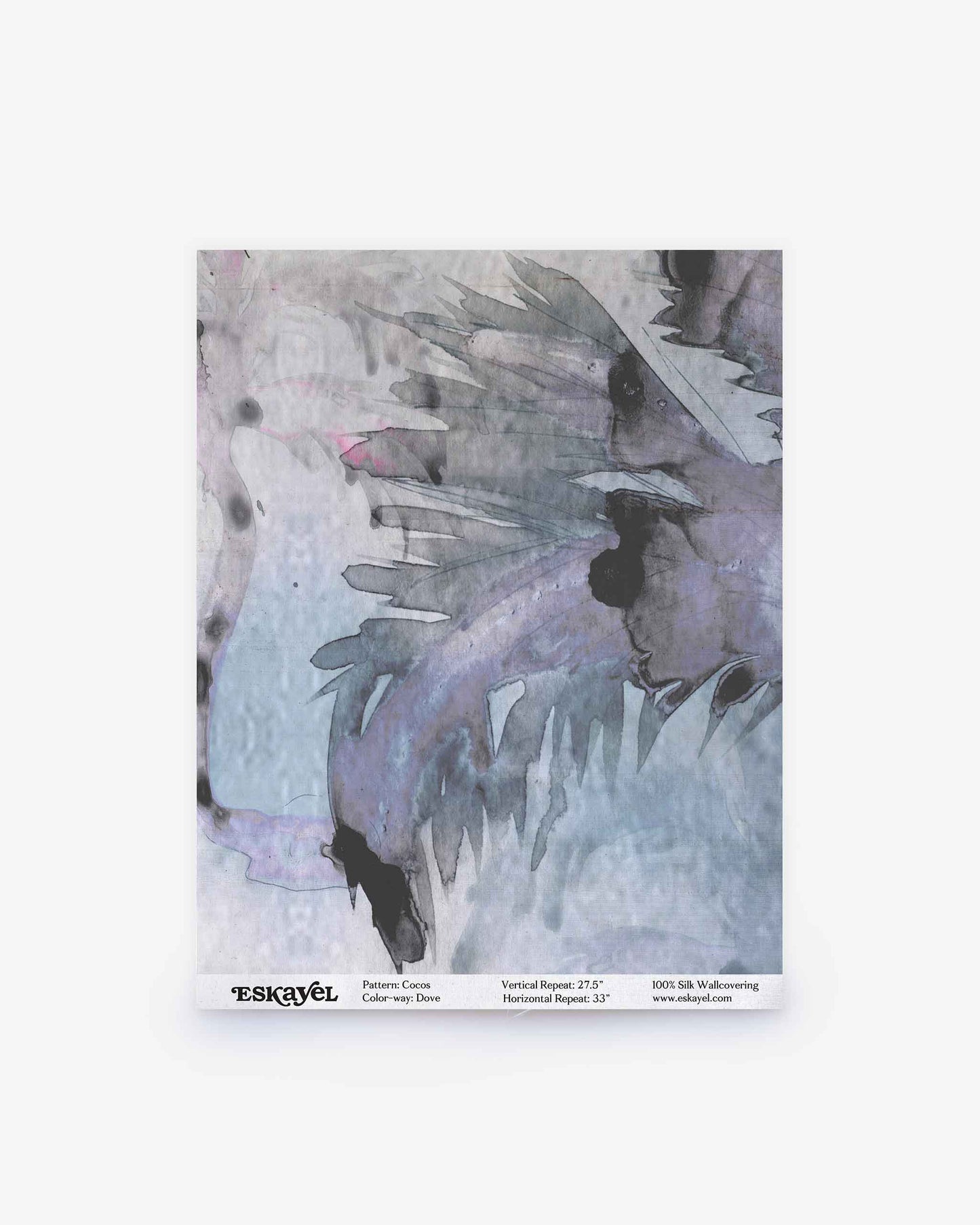 Abstract watercolor artwork with jagged, feather-like shapes in shades of blue, purple, and gray is displayed on a square sheet labeled “ESKAYEL” at the bottom. Order a Cocos Silk Sample||Dove to experience the intricate details and vibrant colors firsthand.