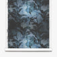 A roll of Cocos Silk Wallcovering in Midnight, featuring a luxury grasscloth design with dark blue and black abstract tropical foliage, palm leaves, and organic shapes.