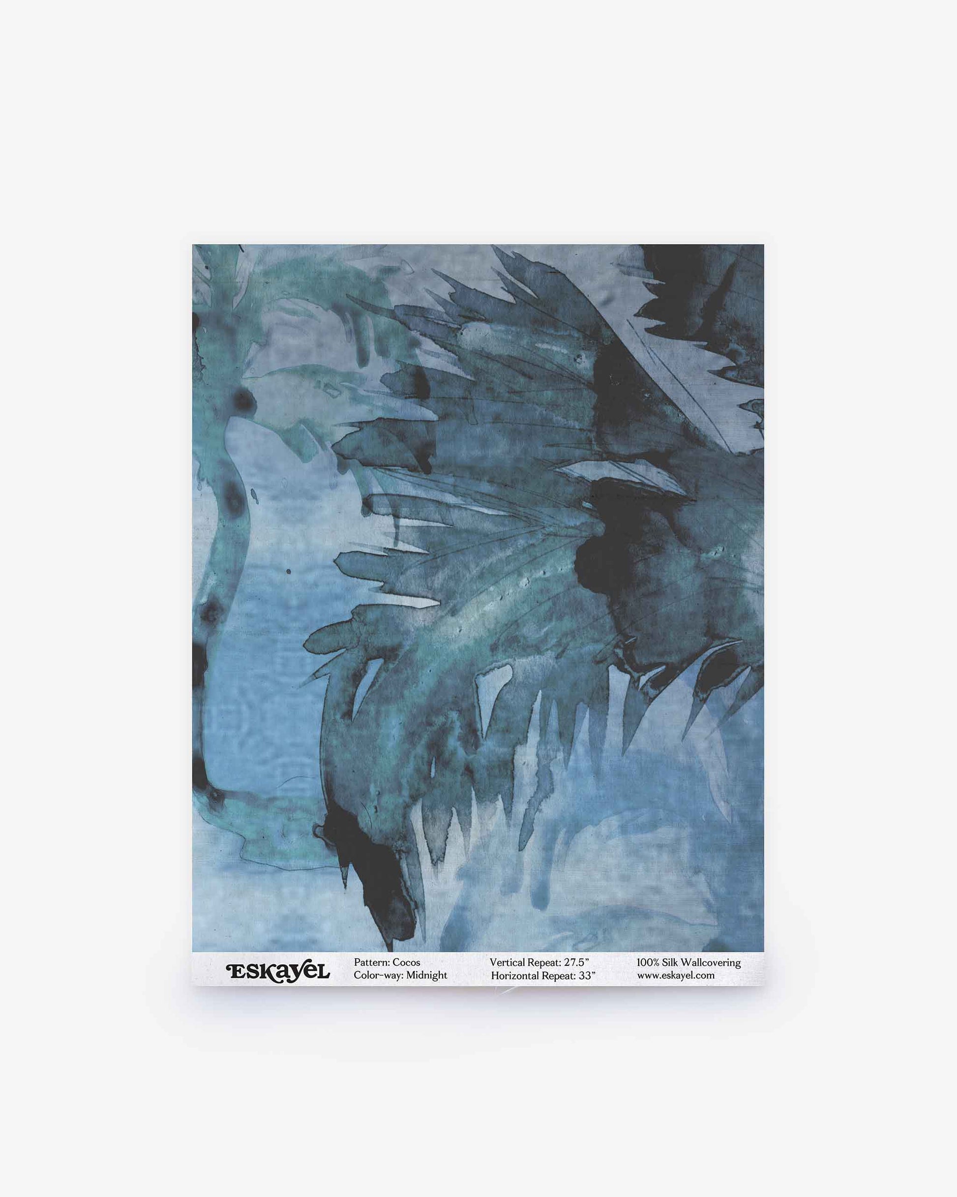 A sample sheet labeled “Cocos Silk Sample||Midnight” features a blue and black abstract watercolor pattern on paper, with product details at the bottom—perfect for those who wish to order Midnight swatch samples before making a final selection.