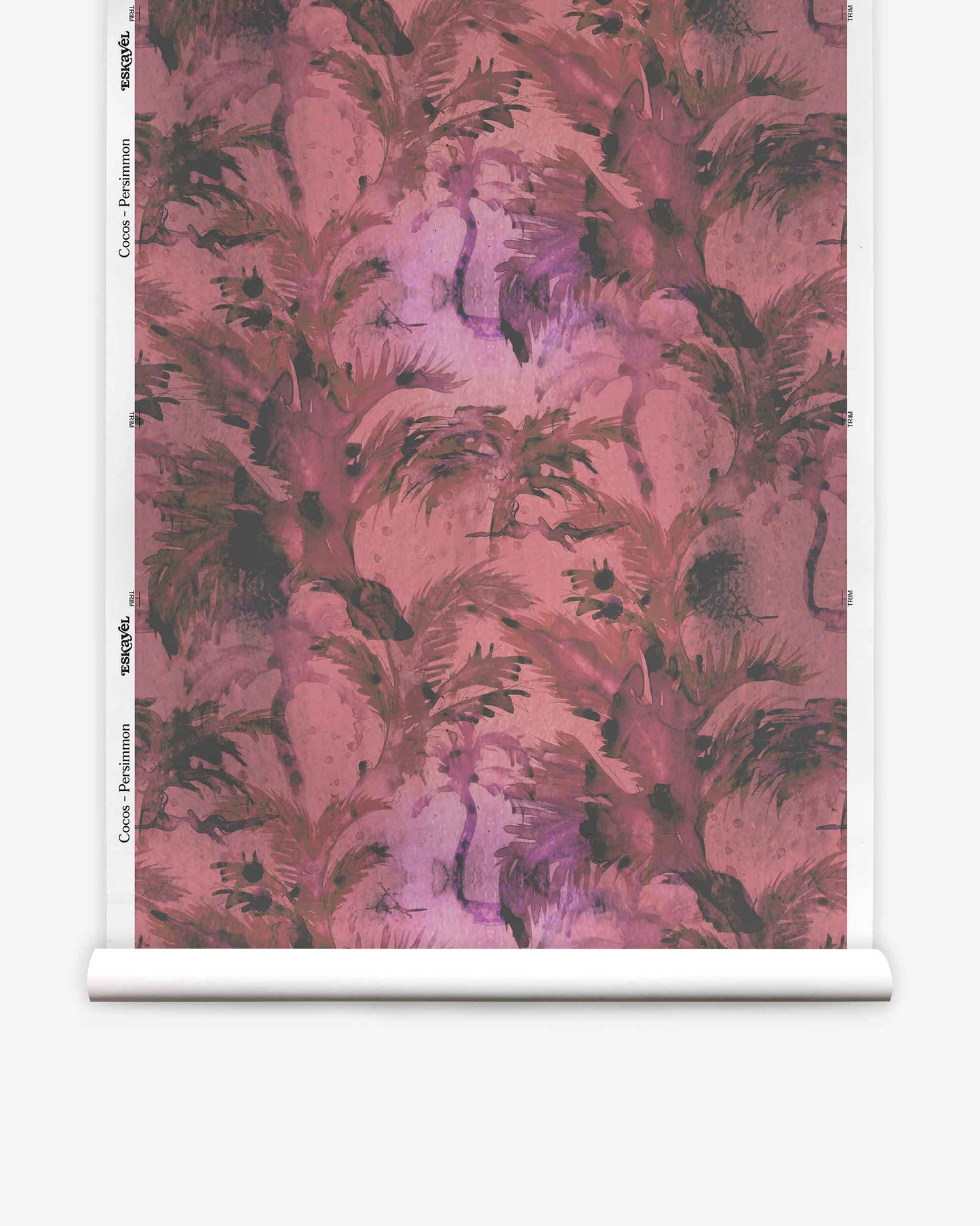 A roll of Cocos Silk Wallcovering in Persimmon, featuring an abstract pink and burgundy feather-like pattern, displayed vertically against a white background.